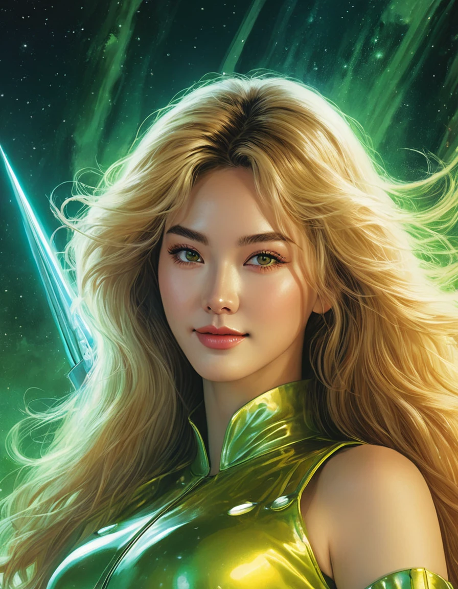 a close up of a woman in a green and yellow costume, heavy metal comic cover art, barbarella, ash thorp, official art, panoramic widescreen view, megadeth, matte coloring, 1970s, syndicate(2012), psionic, nebula, by Juan Giménez, 1 9 7 0 s  , face lighting, bright backlight, high resolution, best quality, Photos, 4k, (Realistic:1.2),1girl, smile, beautiful girl, (best quality,4k,8k,highres,masterpiece:1.2), ultra-detailed, studio lighting, ultra-fine painting, sharp focus, physically-based rendering, extreme detail description, professional, vivid colors, fantasy, More Reasonable Details, ulzzang, ImgFixerPre0.3