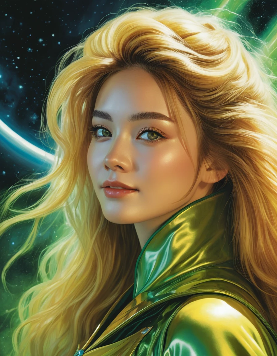 a close up of a woman in a green and yellow costume, heavy metal comic cover art, barbarella, ash thorp, official art, panoramic widescreen view, megadeth, matte coloring, 1970s, syndicate(2012), psionic, nebula, by Juan Giménez, 1 9 7 0 s  , face lighting, bright backlight, high resolution, best quality, Photos, 4k, (Realistic:1.2),1girl, smile, beautiful girl, (best quality,4k,8k,highres,masterpiece:1.2), ultra-detailed, studio lighting, ultra-fine painting, sharp focus, physically-based rendering, extreme detail description, professional, vivid colors, fantasy, More Reasonable Details, ulzzang, ImgFixerPre0.3