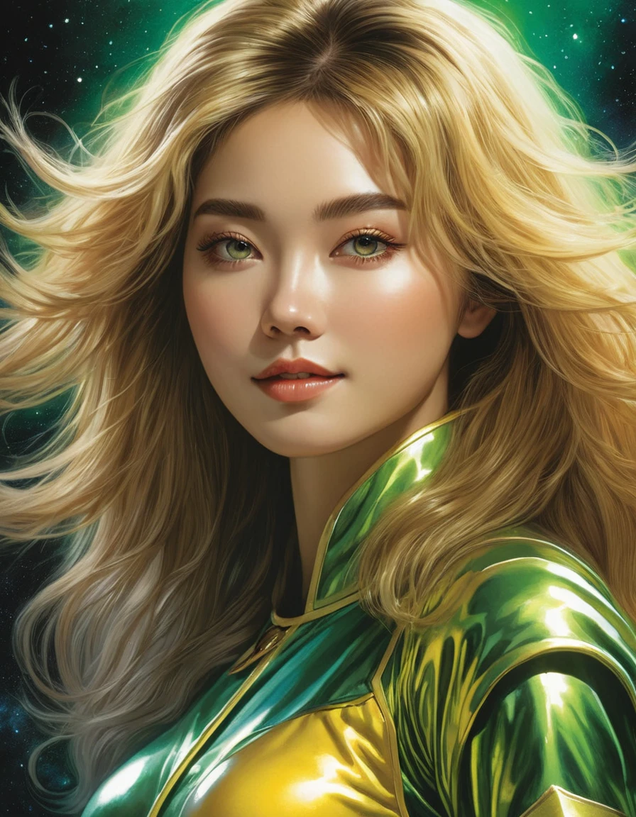 a close up of a woman in a green and yellow costume, heavy metal comic cover art, barbarella, ash thorp, official art, panoramic widescreen view, megadeth, matte coloring, 1970s, syndicate(2012), psionic, nebula, by Juan Giménez, 1 9 7 0 s  , face lighting, bright backlight, high resolution, best quality, Photos, 4k, (Realistic:1.2),1girl, smile, beautiful girl, (best quality,4k,8k,highres,masterpiece:1.2), ultra-detailed, studio lighting, ultra-fine painting, sharp focus, physically-based rendering, extreme detail description, professional, vivid colors, fantasy, More Reasonable Details, ulzzang, ImgFixerPre0.3