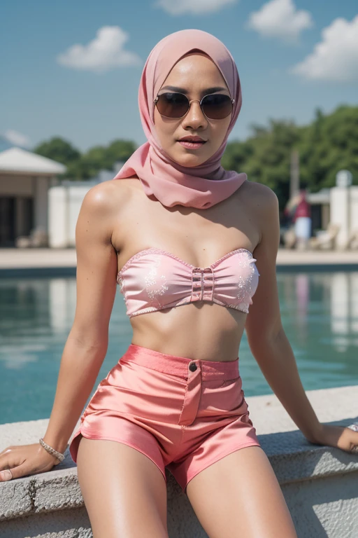 (((Sunglasses))), ((Old lady:1.5)), ((FLAT CHEST:1.6)), (Happy smile), (((HIJAB MALAY GIRL))), masutepiece, High quality, UHD 32K, Realistic face, Realistic skin feeling , A Japanese Lady, 58 years old matured lady, , Very cute and baby-like face, (((FLAT CHEST))), (Night time at forest), ((look In front at the camera and SADNESS)), (((WHITE FLUORESCENT))), (((CUTE GIRL))), ((LIGHT GREEN FLUORESCENT LIPS)), ((Floral Pattern)) little wearing strapless, strapless colorful, dark night background , black forest night, horror scary place, (from behind up) seductive pose, small face & head