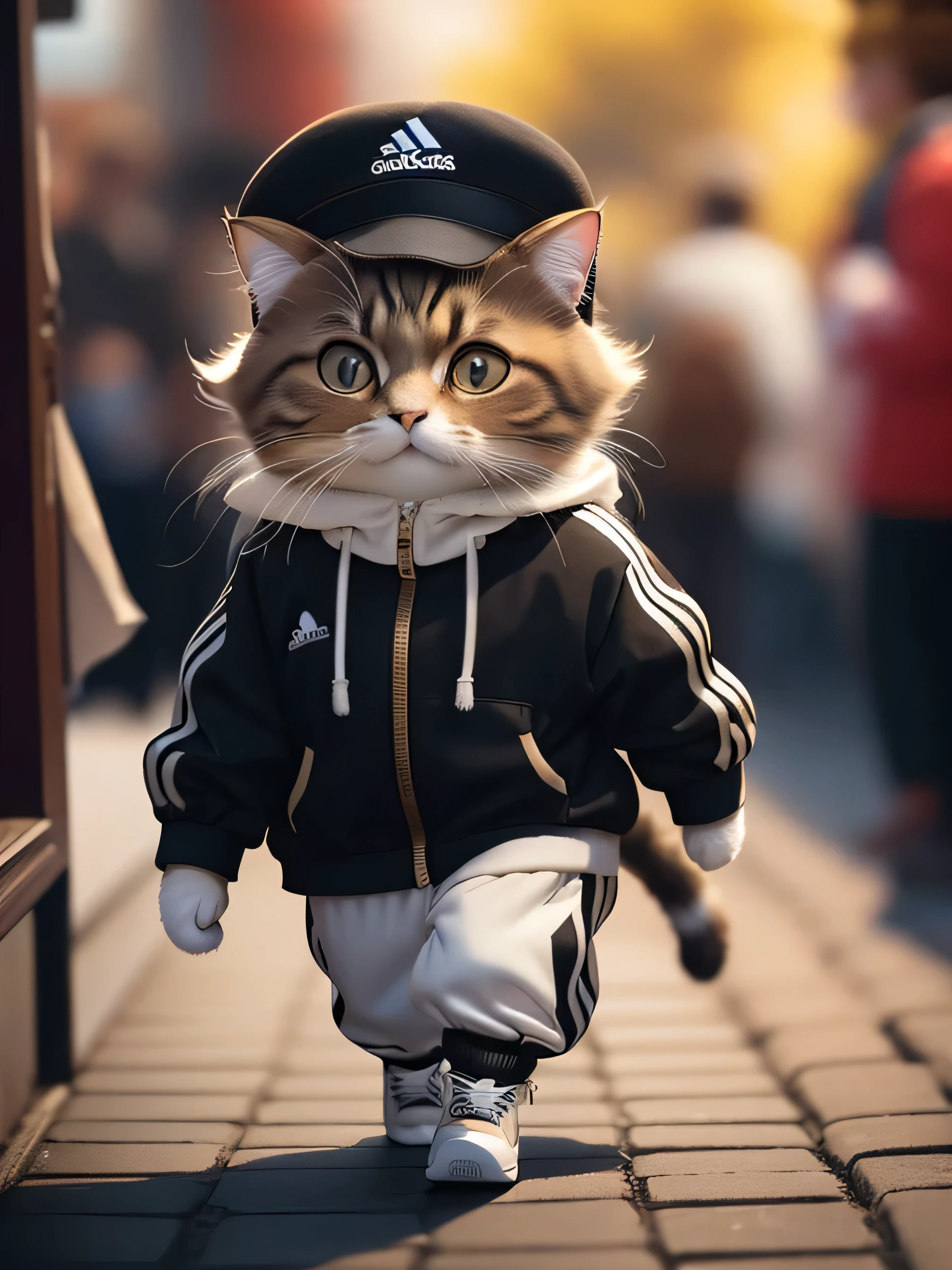 fluffy brown cat, highly detailed cat and fur, wearing adidas balck track suit, , hat, walking ,highly detailed image, kodak 400, atmospheric light, 50mm lens, (detailed eyes and features of cat) realistic cat, 8k,looking into camera.