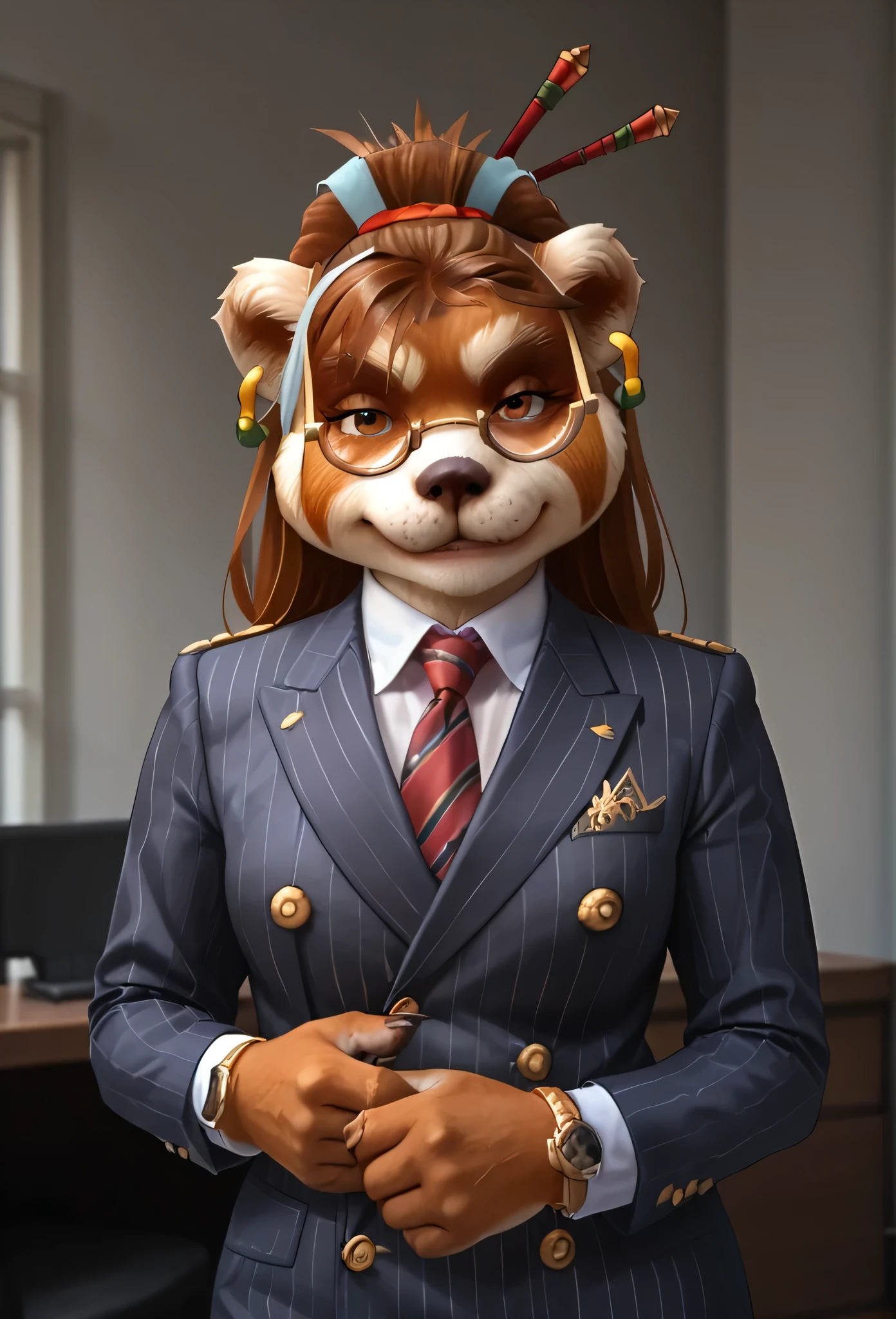 score_9, score_8_up, score_7_up, score_6_up, score_5_up, score_4_up, 1girl, breasts, furry, animal ears, brown hair, brown eyes, earrings, jewelry, hair ornament, glasses, hair stick, double-breasted suits, 1girl, formal, jewelry, suit, red striped necktie, navy pinstripe jacket, light blue shirt with white collar, shirt, smirk, smug, cufflinks, looking at viewer, close up, office background, portrait