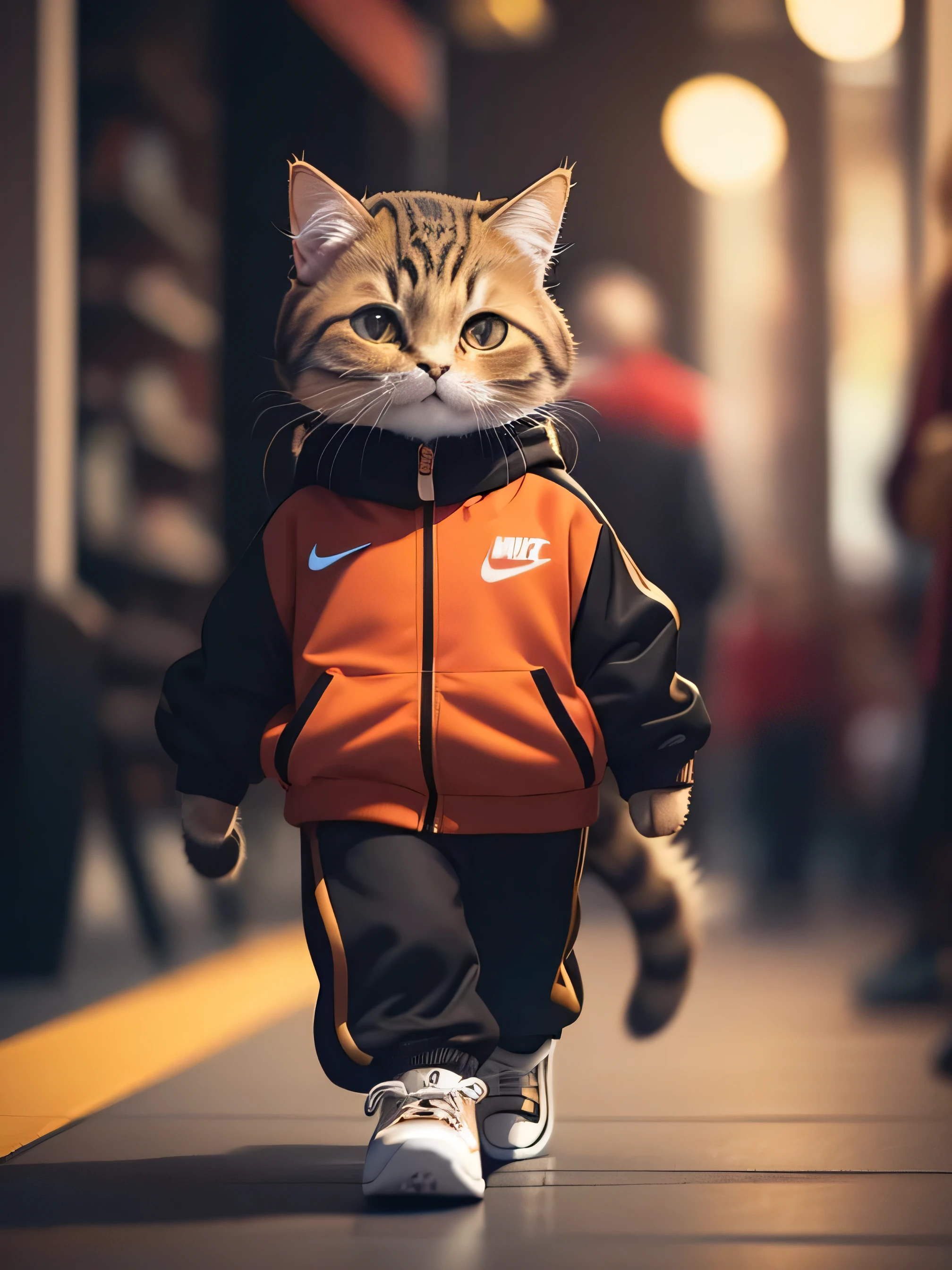 fluffy brown cat, highly detailed cat and fur, wearing nike balck track suit, ,nike sneker, walking ,highly detailed image, kodak 400, atmospheric light, 50mm lens, (detailed eyes and features of cat) realistic cat, 8k,looking into camera.
