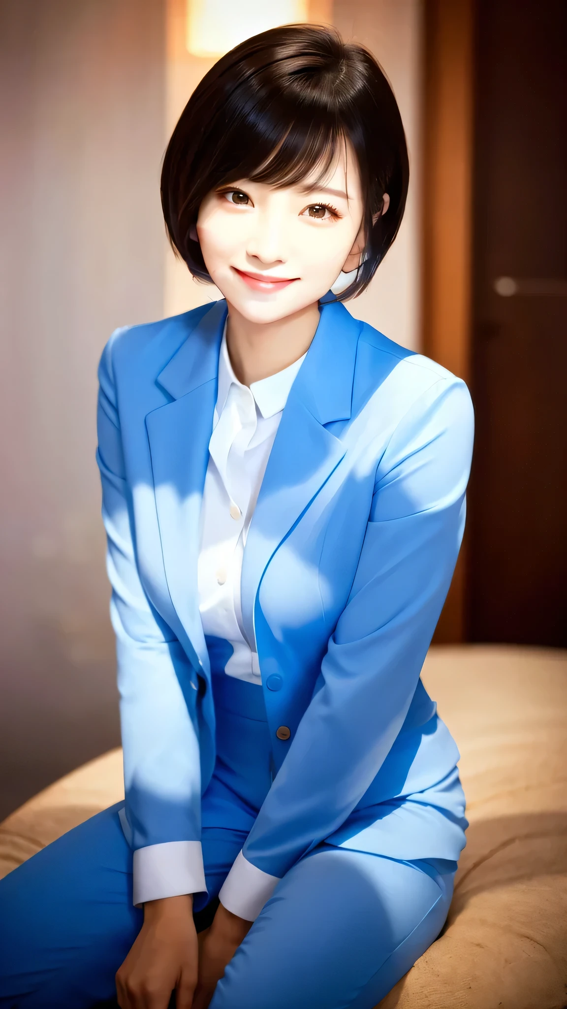 Best-quality, Masterpiece, Ultra-High-Resolution, (Photorealistic:1.4), Raw-Photo, Extremely-Detailed, Perfect-Anatomy,
1girl, 18-years-old, the famous Japanese idol, front view, sitting, innocent smile, (((spread legs))), (((hands on head))), (((wearing only navy-blue-pleated-skirt on lower-body, wearing only navy-blue-blazer on upper-body))), ((extremely cute face like a most popular Japanese idol, extremely beautiful large-black-solid-circle-eyes, extremely beautiful blonde short-cut-haired)), extremely beautiful lips, extremely beautiful white skins, extremely beautiful long-eyelashes, extremely beautiful inner-thighs, extremely beautiful legs