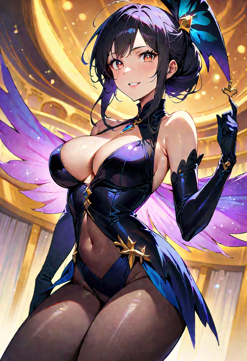 1 mature beautiful woman,(Best Quality,Extremely detailed depiction,Incredibly absurd high definition,Anatomically accurate,Curvy Legs,Detailed pupil,Shiny skin,Porcelain-like skin),(The Enchanting Thief:1.3),(Sexy phantom thief costume,tuxedo,Gentleman&#39;s hat,Disguise mask:1.5,latex,Luxury accessories,tights),eyelash,(Glowing purple eyes,Half-closed eyes:1.5,Crazy Eyes,Large Breasts,A seductive smile,Glossy lips,Flashy makeup,Eyeshadow,Eyeliner,Seductive gestures),whole body