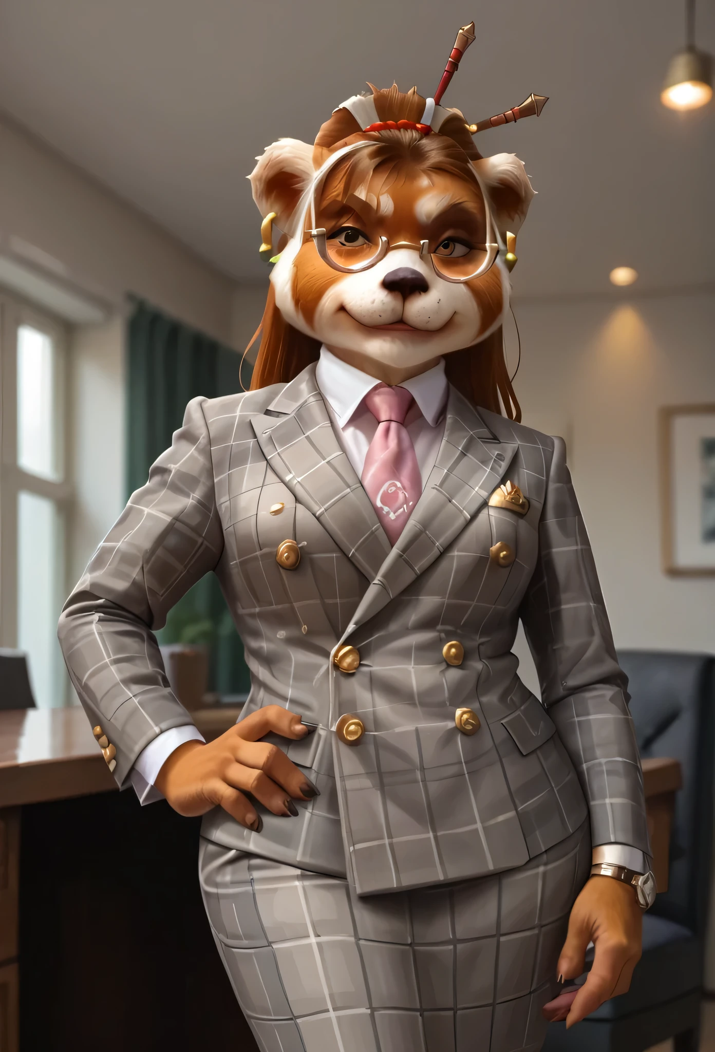 score_9, score_8_up, score_7_up, score_6_up, score_5_up, score_4_up, 1girl, breasts, furry, animal ears, brown hair, brown eyes, earrings, jewelry, hair ornament, glasses, hair stick, double-breasted suits, grey plaid skirt, 1girl, formal, jewelry, suit, pink floral necktie, grey plaid jacket, light pink shirt with white collar, shirt, smirk, smug, cufflinks, looking at viewer, close up, office background, superior, boss lady, hand on hip, portrait, looking down nose, sassy, fixing tie