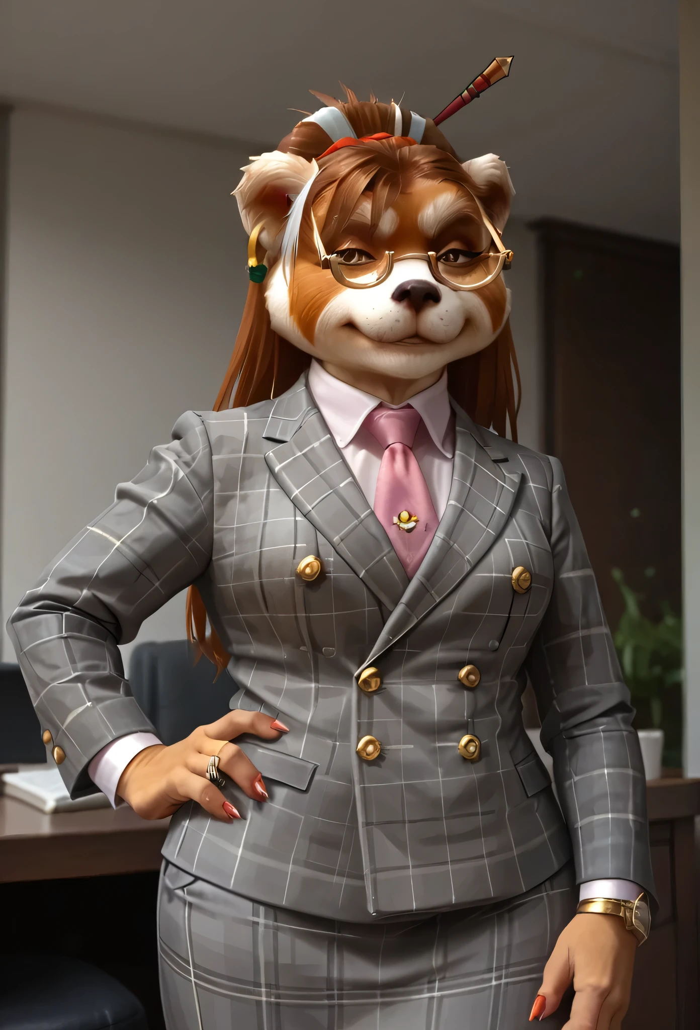 score_9, score_8_up, score_7_up, score_6_up, score_5_up, score_4_up, 1girl, breasts, furry, animal ears, brown hair, brown eyes, earrings, jewelry, hair ornament, glasses, hair stick, double-breasted suits, grey plaid skirt, 1girl, formal, jewelry, suit, pink floral necktie, grey plaid jacket, light pink shirt with white collar, shirt, smirk, smug, cufflinks, looking at nails, inspecting nails, close up, office background, superior, boss lady, hand on hip, portrait, looking down nose, sassy, fixing tie