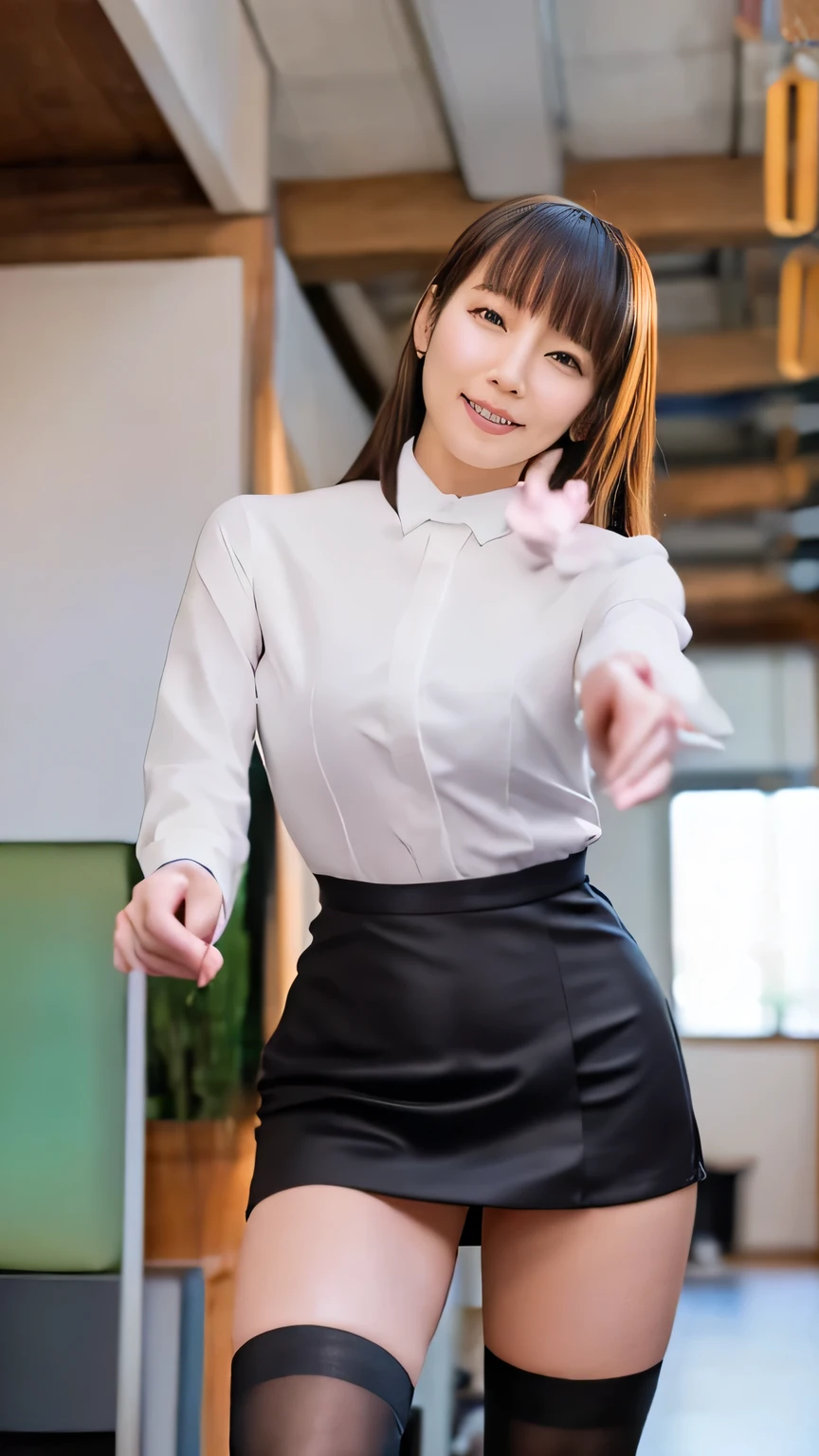 Japanese、1 female,、beauty,Beautiful Face,Realistic、smile、Detailed face、A dignified appearance,Plump Style,Squat、Spread your legs、Thighs, Thighs, Thighs、Large saggy breasts、Front view,Ultra-realistic,Ultra-high resolution,Highest quality,8k,masterpiece，(Shooting in the office:1.2),((suit、mini skirt、lingerie、wear black tights))、