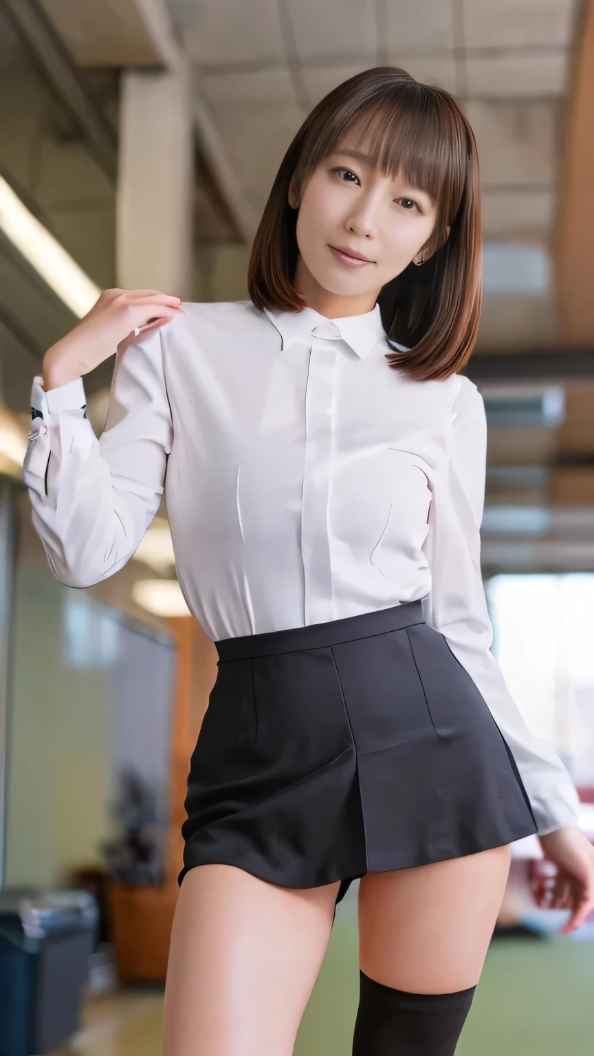 Japanese、1 female,、beauty,Beautiful Face,Realistic、smile、Detailed face、A dignified appearance,Plump Style,Squat、Spread your legs、Thighs, Thighs, Thighs、Large saggy breasts、Front view,Ultra-realistic,Ultra-high resolution,Highest quality,8k,masterpiece，(Shooting in the office:1.2),((suit、mini skirt、lingerie、wear black tights))、