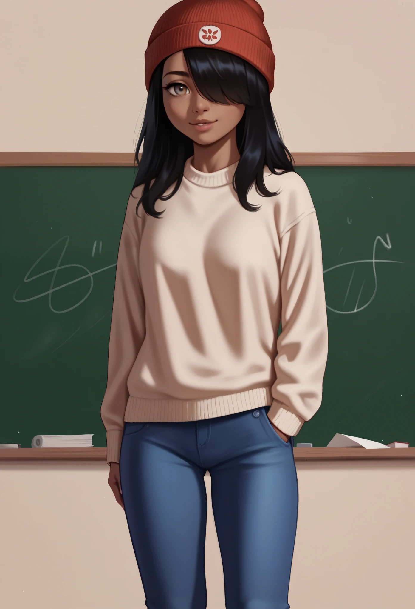 score_9, score_8_up, score_7_up, score_6_up, score_5_up, score_4_up,1girl, dull brown sweater, tan skin, standing, long black hair, hair over one eye, blue pants, hazel eyes, red beanie, looking at viewer, classroom background, realistic anatomy, high resolution, high quality, super detailed, sharp focus, perfect lighting, perfect colors, perfect perspective, balanced composition,
