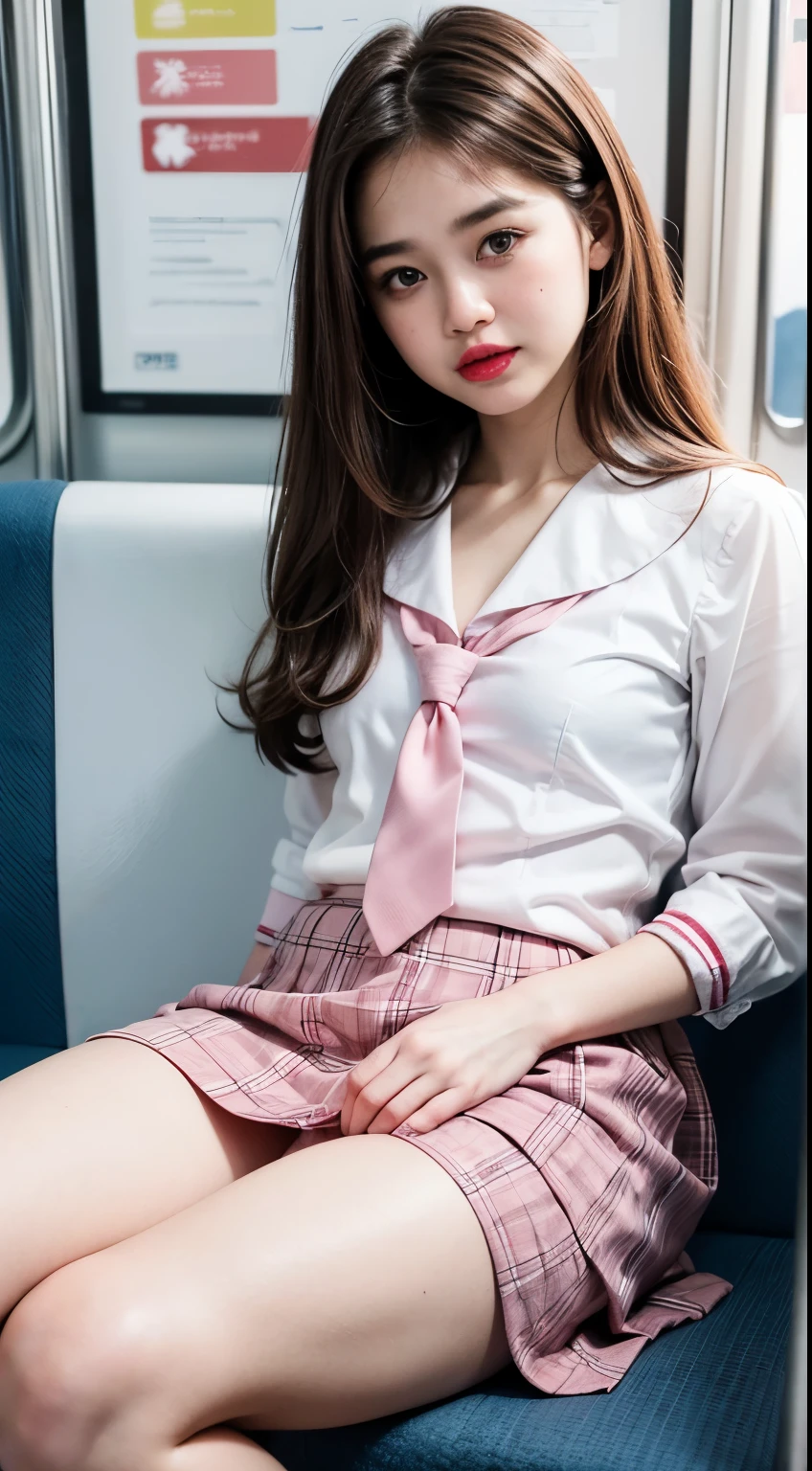 (Train women under skirt), Very cute and -like face, Power puff girl, Naked, Angry pose, smile face, (((BROWN HAIR MALAY GIRL))), masutepiece, High quality, UHD 45K, Realistic face, Realistic skin feeling , A Japanese Lady, , , Very cute and babye face, (((FLAT CHEST))), (MATRIX WORLD), ((look In front at the camera and SADNESS)), (((CUTE GIRL))), ((RED LIPS)), ((SAILOR SCHOOL UNIFORM)), ((CHUBBY)), ((PINK TIE,)), ((WHITE LONG SHIRT)), ((PINK PLAID MINISKIRT)), ((WHITE UNDERWEAR)), Shooting from below, open thight, open legs. Sitting chair on the train.