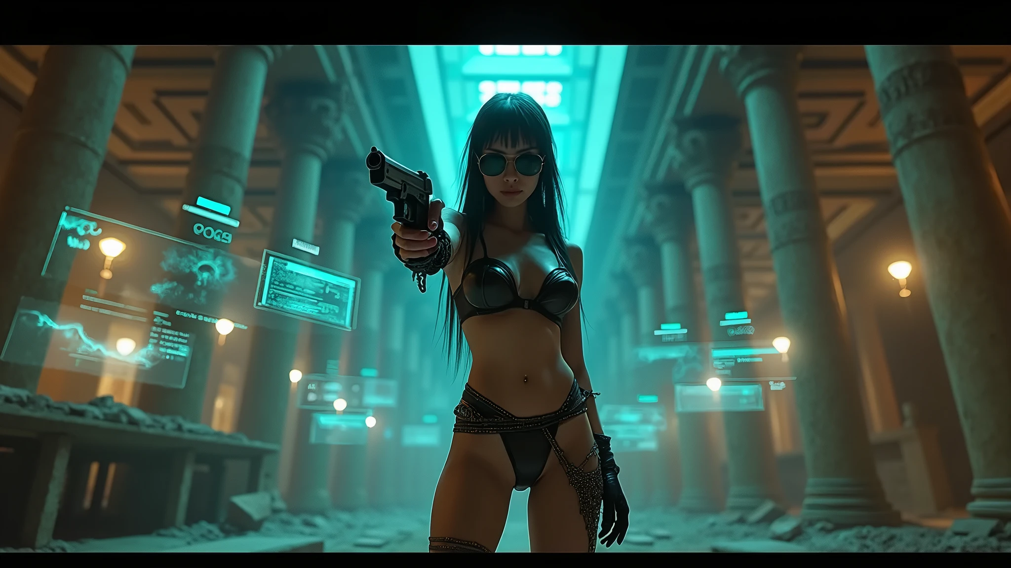 dark futuristic landscape, at night, neon lights, Atmospheric fog, large buildings in the background, futuristic city, busy streets with open shops, Ruined buildings, skyscraper (postapocalyptic city:1.3). Matrix style, at night, (1woman, solo, perfect body), photo realistic, (large-breast:1.1 slim body, cleavage), (((tube top, extreamly short pleated (((((miniskirt))))) exposing panty))), (((((((matrix style black sunglasses))))))), (((((aiming at camera with a (short gun), looking at camera, running pose))))), (((half-body (thigh level) medium shot))), cinematic lighting.
