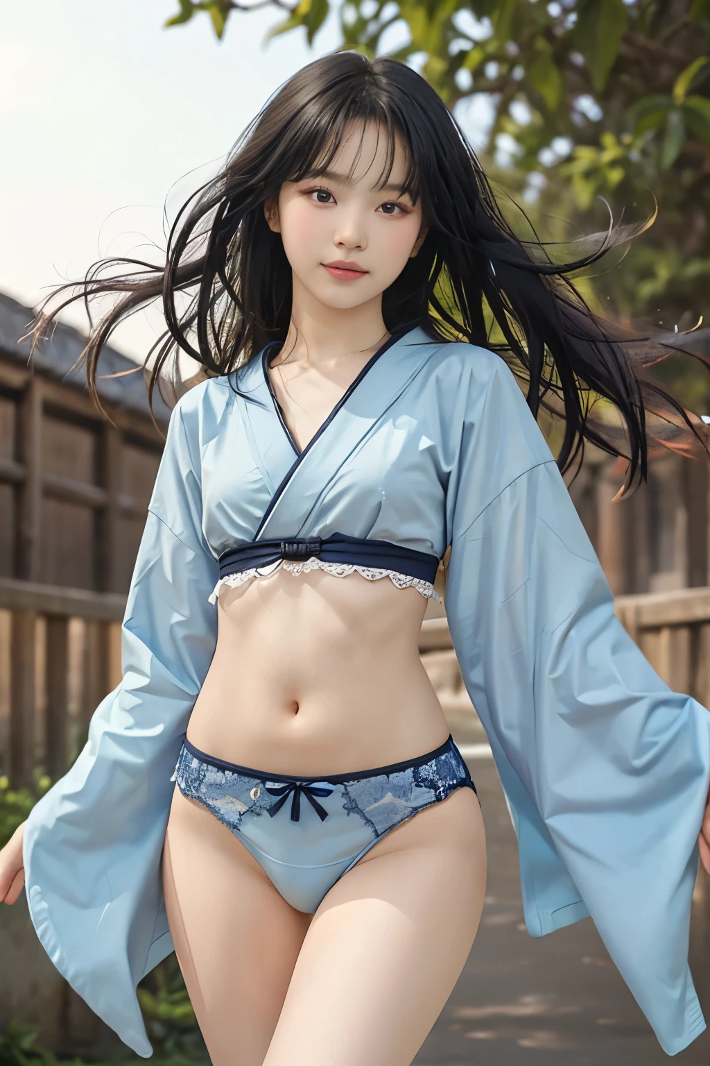 Beautiful girl,Japanese idol,(wearing cute kimono: 1.3),short length, (bangs: 1.2), (coloring),(kunoichi ninnjya fighter in fighting position),(tattoos all over body, 20% of body covered in Japanese tattoos: 1.4),masterpiece, perfect lighting, ultra high resolution, 16k, (highly detailed: 1.4), From the front, looking at the camera,A kimono combat uniform with a plain pattern and mainly indigo blue,A plain kimono with a plain pattern, a battle costume,(Flat Chest),A beautiful girl,Sparkling Eyes,Photo quality,((Slim figure)),((Small waist)),((Thin legs)),(((Flat Chest))),A beautiful girl of unparalleled beauty,((Flat Chest)),(((Small waist))),High resolution, masterpiece, accurate, Anatomically correct,最high quality, detail, High-resolution model, high quality, Very detailed, Ultra high definition, Textured skin, Sony FE GM, Aperture value F16, Focus: 85mm, Cinematic light effects, Realism, Portrait Photography, Super detailedな, Super detailed, Cinematography, masterpiece, ((Very small breasts)),(Very beautiful bust shape),A beautiful girl of unparalleled beauty,Attractive clothing and underwear,A seductive smile,Long Hair, Hair blowing in the wind,The belly button and the surrounding area are exposed,Look at, Open your mouth a little, Cowboy Shot, (Very small hips),(Very thin buttocks),Normal length arms and legs,Not too long arms and legs,,Attractive clothing and underwear,A seductive smile,Long Hair, Strong black hair fluttering in the wind,8-Head Beautiful Girl,Beautifully balanced eyes,Correct and beautiful gaze,Black hair fluttering in the wind,Long black hair blowing in the wind,(Slightly small face),Very flat ass,とてもFlat Chest,Anatomically correct腕と脚,Anatomically correct手指と足指,Smaller eyes,Slightly upturned eyes, vivid colors,rich colors,The right gaze,Beautiful balance between the size of the left and right eyes,(A thin, string-like undergarment with a very narrow width),(Underwear made of thin cotton fabric),(Light pastel colored underwear),(The belly button and the surrounding area are exposed),