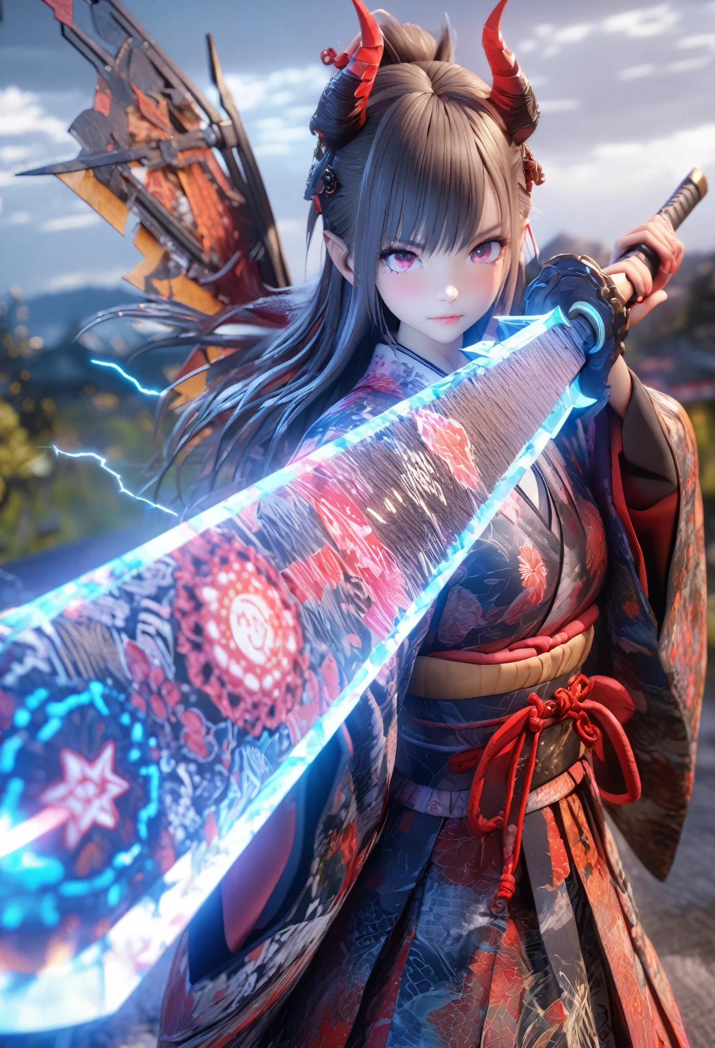 (Best masterpiece: 1.2), CG, 3D, Demon Samurai Girl. He holds a large glowing sword decorated with a colorful and intricate pattern resembling a mandala, extending towards him, the tip of the sword pointing towards the viewer and covered in neon lights and lightning effects. The sword has detailed patterns. He is standing wearing Japanese patterned clothes. The background is a realistic outdoor landscape, depth of field, blurry photo, and dynamic pose.