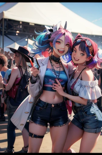 ((Best Quality, masterpiece, Super Resolution)) Several people are jostling to take a selfie, Laughing, Music Festival, Coachella, Sexy and cute outfit, Colorful Hair, Rainbow Hair, Polaroid photo, Official Art, Romo