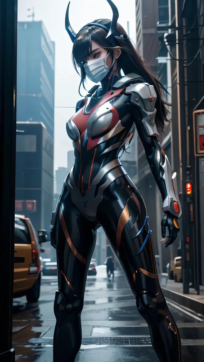 1girl, a beautiful girl cyborg cyberpunk with a cyberpunk city tall buildings, black hair, cybermask, black and orange and white machine suit color combination, the body full of machine, realistic futuristic hologram, asian skin tone, beautiful eye, beautiful asian face, cyber ear machine, suits is solid mecha, realistic machine, sci fi scape, manipulation is a masterpiece, long hair, masterpiece, suit of cyberpunk, realistic sci fi building texture mecha aestethic, digital cyberpunk, looming over a city, cyber technology, realistic hair, lots of hair, white of hair, realistic metal solid texture of building, realistic neon glow, realistic neon sign, wonderful side lighting, realistic futuristic cyberpunk building, realistic girl robot cyberpunk, fog, foogy, masterpiece of detail, RAW IMAGE, depth of field, point of interes, depth of field is masterpiece, best photography composition masterpiece, natural realistic hair, rule of third masterpiece photography, natural lighting, photography masterpiece natural lighting from side, realistic skin texture, strong reflection, ( pose pinterest) masterpiece beautiful, Devil Horns, smooth pixel, ray of light, soft light, small breasts, mastepiece of cyber mask, masterpiece fantasy gun, carry a fantasy weapon, weapon fantasy (artstation)