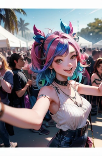 ((Best Quality, masterpiece, Super Resolution)) Several people are jostling to take a selfie, Laughing, Music Festival, Coachella, Sexy and cute outfit, Colorful Hair, Rainbow Hair, Polaroid photo, Official Art, Romo