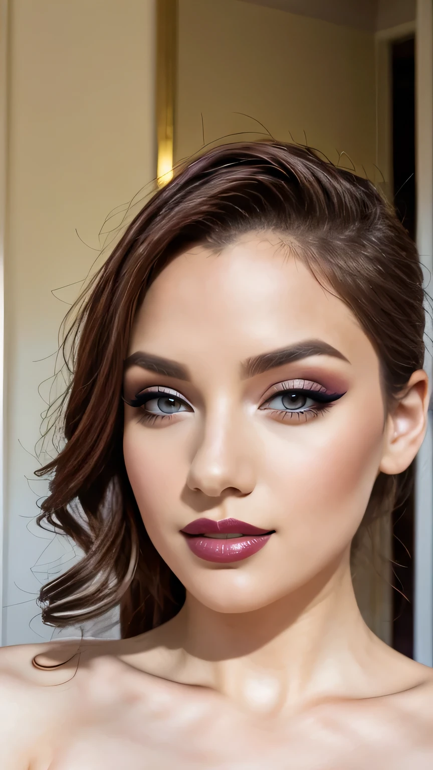 instagram photo, closeup face photo of 20 y.o , , beautiful , purple Lipstick, sensual Lipstick, Sensational Make Up, white skin, pale skin, (smile:0.4), hard shadow, bright lighting 