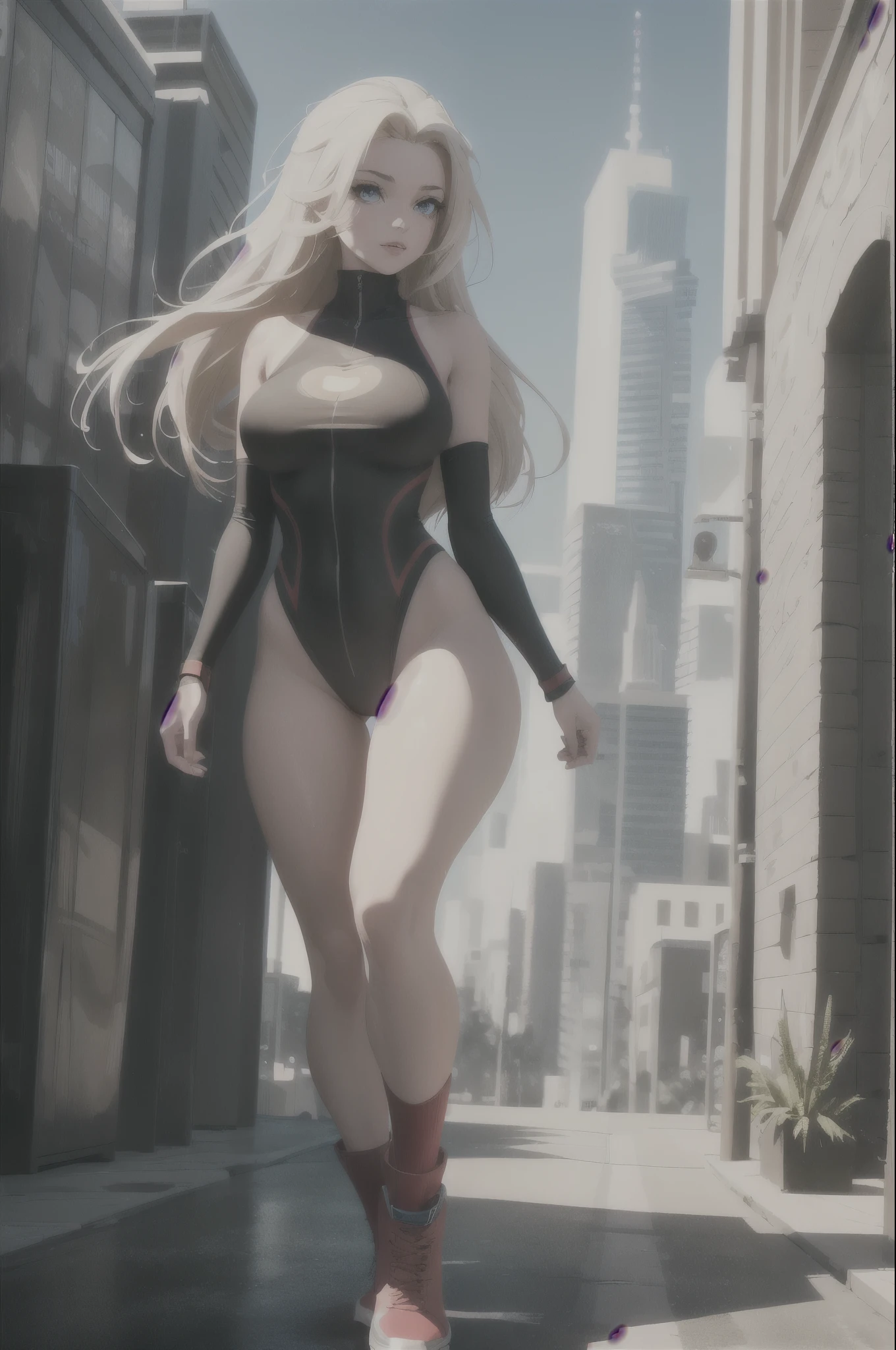 solo, (38-year-old), (mature female, housewife), high quality, highres, absurdres, ultra-detailed, detailed background, (masterpiece:1.2), dynamic pose, cowboy shot, beautiful eyes, very long hair, absurdly long hair, long eyelashes, eyeliner, lips, embarrassed, huge breasts, wide hips, curvy, intricate details, alley, cityscape, professional photo shot, turtleneck sweater, ribbed sweater, --auto