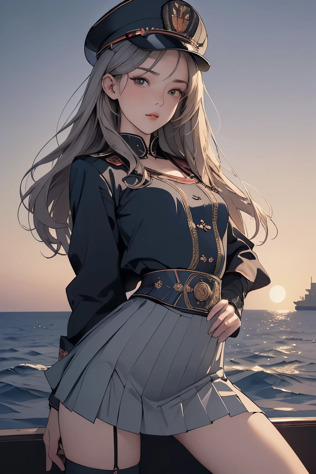 (masterpieceBest Quality, Very detailed:1.3), ((Perfect female body, Small waist)), (Warships at sea), One girl, Gazing at the audience, (Intricate details, sexy, nice, Attractive, Erotic), Open lips(masterpiece:1.2, Best Quality), (masterpieceBest Quality, Very detailed), Pleated skirt, Uniform, captain hat, (Soviet posters:1.1)