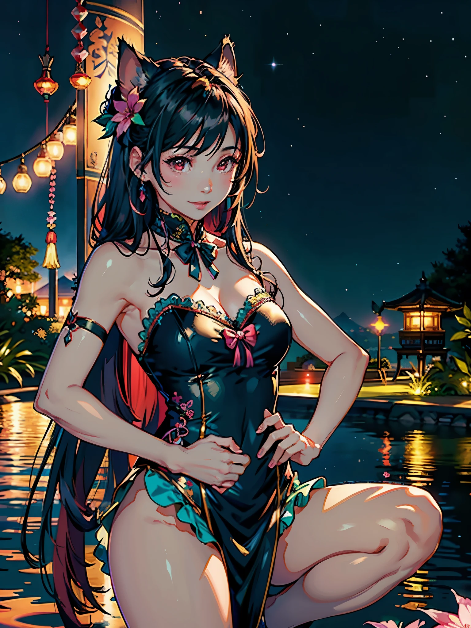 (highest quality, masterpiece, High resolution)、(anime art)、bright light、brown eyes、(Cat ear)、long hair、hair ornaments、choker、Cute face details、enchanting smile、small breasts、whole body、((sakura tropical background))、 teal red dress outfit,  teal red outfits(best quality,4k,8k,highres,masterpiece:1.2),ultra-detailed,(realistic,photorealistic,photo-realistic:1.37),acrylic painting,beautiful Indonesian model in a teal red Lolita dress with downy hair,beautiful Indonesian model with extremely colorful hair and detailed facial features,beautiful Indonesian model standing in a beautiful garden surrounded by a starry sky,beautiful Indonesian model wearing a vibrant Lolita dress,beautiful Indonesian model with intricate accessories,beautiful Indonesian model posing gracefully with her hands on her hips,beautiful Indonesian model with long flowing long hair,beautiful bright brown eyes and rosy lips,beautiful Indonesian model with a joyful expression,beautiful Indonesian model in a dynamic pose with cherry blossoms falling around her,beautiful Indonesian model surrounded by colorful flowers and butterflies,beautiful Indonesian model's dress adorned with cute bows and lace details,beautiful Indonesian model with an enchanting smile,beautiful Indonesian model with soft, pastel-colored shading,beautiful Indonesian model with a magical glow illuminating her,beautiful Indonesian model in a picturesque setting with a winding path leading to a magnificent castle,beautiful Indonesian model with a fairytale-like background,beautiful Indonesian model with a soft, dreamy atmosphere,beautiful Indonesian model with a subtle bokeh effect,beautiful Indonesian model standing under a moonlit sky,beautiful Indonesian model with a warm, golden sunset in the background,beautiful Indonesian model surrounded by twinkling stars and colorful nebulae,creating an ethereal and captivating artistic, cat ears, smiling 