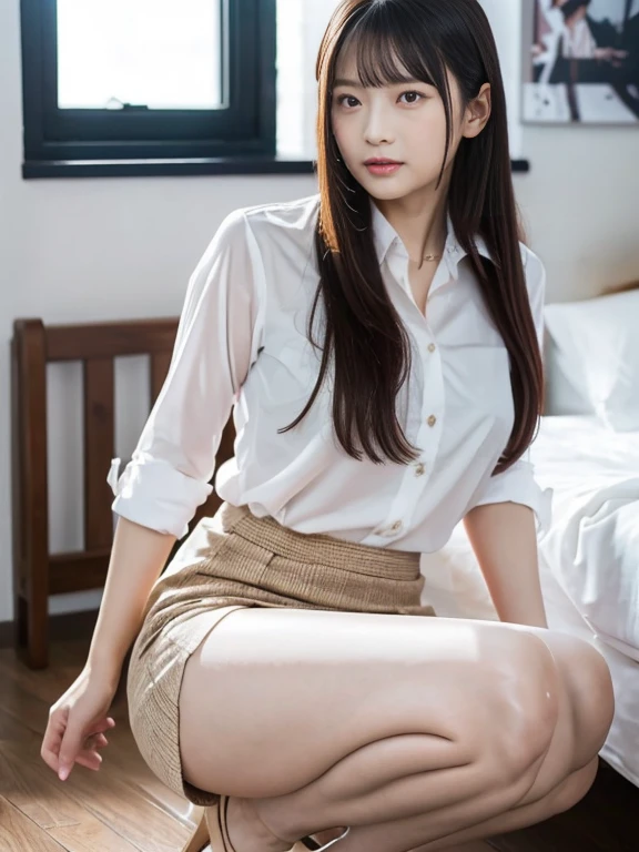 (In 8K，Best Quality，masterpiece)，(Realistic，RAW Photos，Super Fine Clear)，Realistic Light，Detailed skin，Beautiful Japanese Woman，((30-year-old woman，))、Businesswoman、Office Fashion，(Long skirt)、Panty shot，White sexy panties、Kneel and spread your legs，Thin legs、fine grain，Detailed fingers、thin、Sexual， expression，Stylish bedroom、A place without people，，Asian Eyes Era