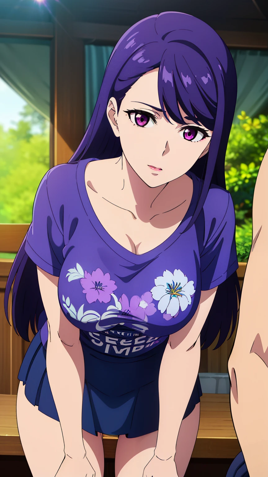 rifa,1 girl,(purple eyes, purple hair),bangs,Long Hair,(swimsuit, erect nipples:0.9),(Floral T-shirt, collarbone, mini skirt, park),
20 years,young woman,beautiful long legs,beautiful body,
beautiful nose,beautiful character design, perfect eye, perfect face,expressive eye,perfect balance,
View your audience,(Focus on her face), (Innocent_big_eye:1.0),
Anime art style,Dynamic Angle,Official Art,Very detailed CG Unity 8k wallpaper, Perfect lighting,colorful, bright_front_face_Lighting,White skin,
(masterpiece:1.0),(Highest_quality:1.0), 超High resolution,4K,Very detailed,
photograph, 8k, high resolution, high resolution (Absurd:1.2), Kodak Portrait 400, Film Grain,  Lens flare, (Vibrant_color:1.2),Professional Photograph,
(beautiful_large medium breasts:1.4), (beautiful_face:1.5),(beautiful_thighs:1.2),