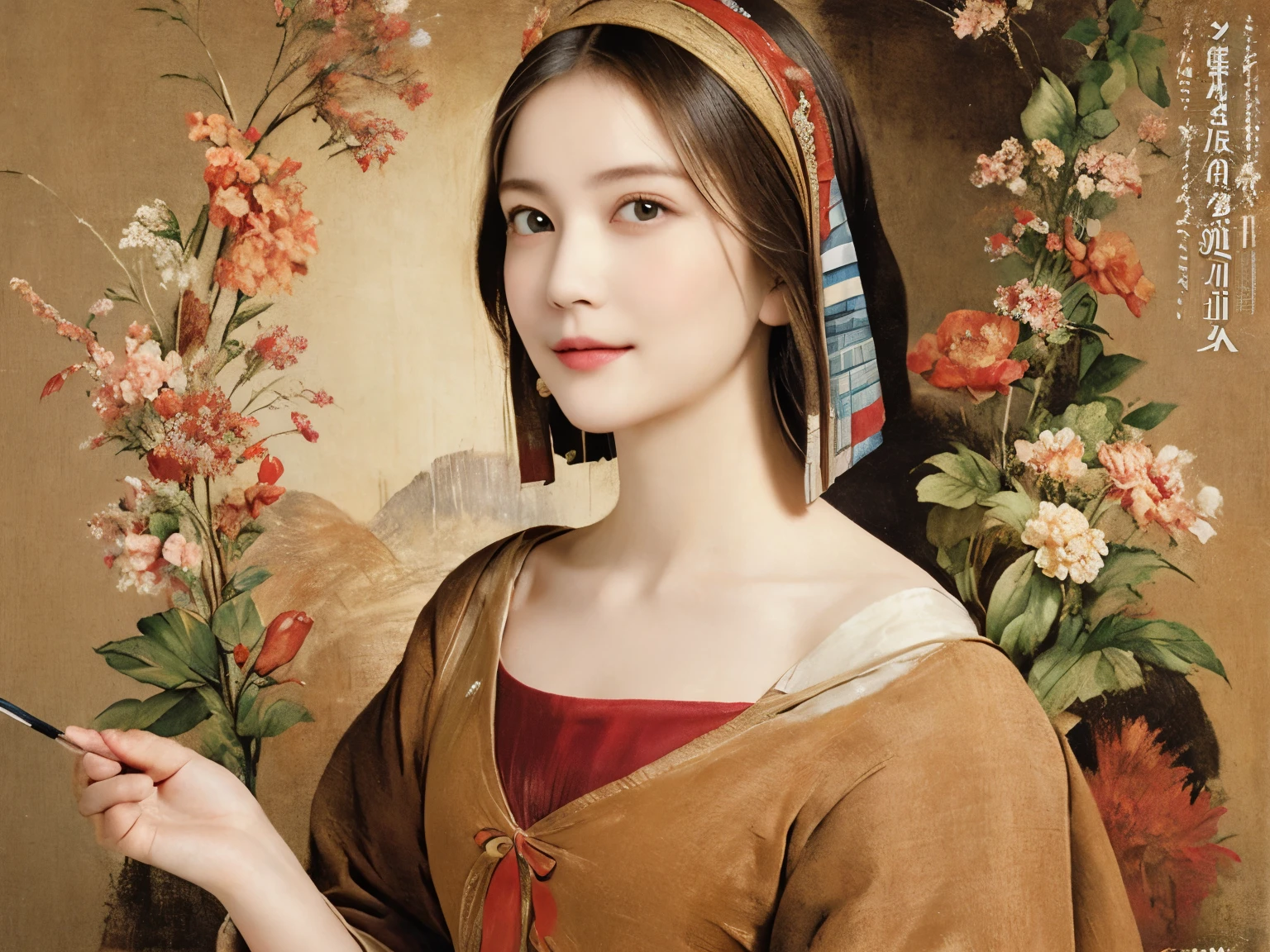 290 (20-year-old woman,Short Hair) , (A kind smile) , (palace), (colorful), (Leonardo da Vinci paintings), flower, Mechanical Engineering Background