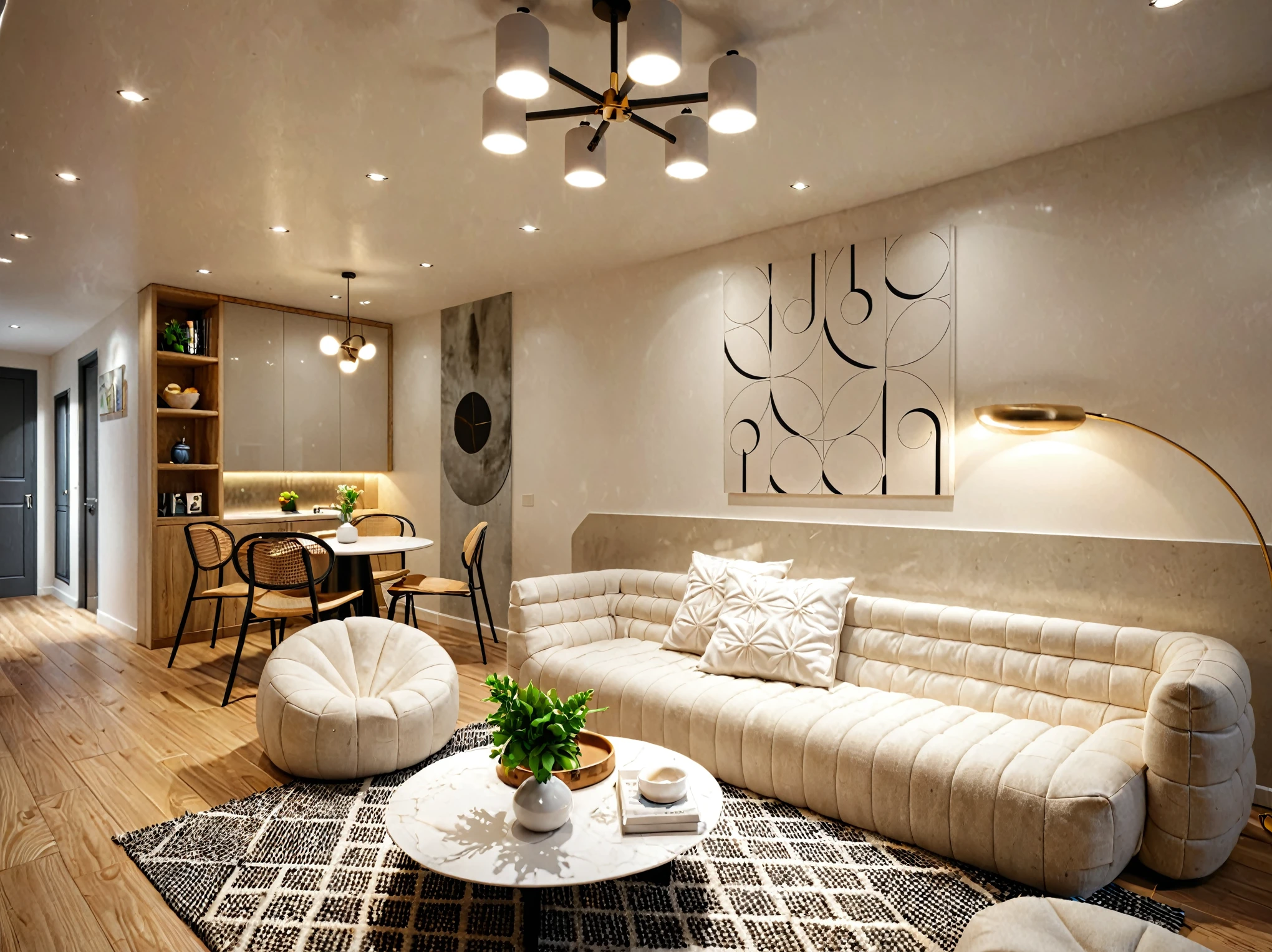 Interior Design, living room, (minimalist style:1.2), (minimalist interior space), (minimalist furniture design), (space that realistically describes the minimalist interior of a townhouse), soft lines detail rendering realtime, (Warm LED 3000k white tone, Clean and comfortable, timeless, making the space appear clear), carpet, blanket cotton, (circle spotlight), (indoor), (neutral white tone color), (white wall mix beige wall design), (An Cuong Wooden Furniture minimalist Style), (An Cuong wood with MDF surface glued with melamine coating), (architectural design visualization), (reflection), (focus on object), (material normal bump real reflection), (multi-level reflection), (chao vantage software visualization render),(((Best Quality))), ((Masterpiece)), ((best illustration)), ((best shadows)), (( Super Detail)), (Intricate lines), (Photorealism),(hyper detail), ((archdaily)), ((award winning design)), (dynamic light), ((spotlight)), (perfect light), ( shimering light), ((photorealistic)), ((intricate detail)), ((extreme detail)), ((crazy detail)), ((octane render)), ((trending on artstation)), ((High- fidelity)), ((Viwvid)), ((Crisp)), ((Bright)), ((Stunning)), ((Eye-catching)), ((High-quality)),((Sharp)), ((day sun environment)), ((Illuminating)), ((Flawless)), ((High-quality)),((Sharp edge render)), ((medium soft lighting)), ((photographic render)) , ((detailed archviz)), ((reality environment)), (level of photo realism, depends on lighting, materials, composition, Real-Time Rendering, based on chao vantage timage rendering graphics software)