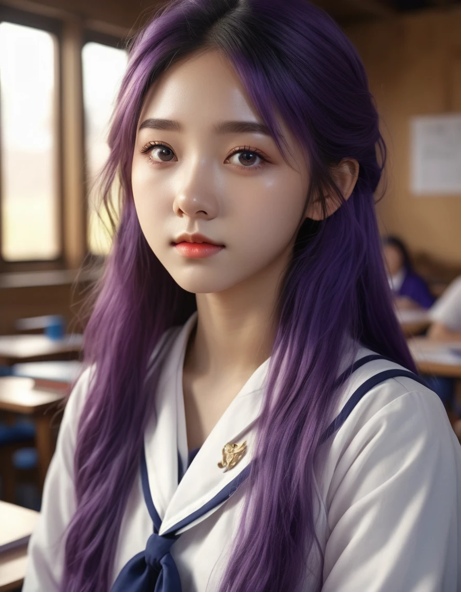 An eighteen-year-old young woman with long purple hair in a sailor suit sits in a classroom (school 1.5 in the background) (expression serious, cold 1.5) (best quality: 1.1) (masterpiece: 1.3) with an unparalleled masterpiece, surreal 8K, perfect artwork, super detail, best quality, masterpiece 4K wallpaper aesthetics, masterpiece, award-winning artwork, official art, cinematic lighting, , face lighting, bright backlight, high resolution, best quality, Photos, 4k, (Realistic:1.2),1girl, smile, beautiful girl, (best quality,4k,8k,highres,masterpiece:1.2), ultra-detailed, studio lighting, ultra-fine painting, sharp focus, physically-based rendering, extreme detail description, professional, vivid colors, fantasy, More Reasonable Details, ulzzang, ImgFixerPre0.3