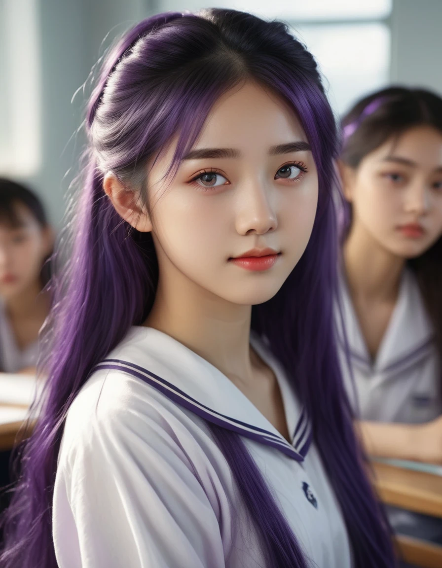 An eighteen-year-old young woman with long purple hair in a sailor suit sits in a classroom (school 1.5 in the background) (expression serious, cold 1.5) (best quality: 1.1) (masterpiece: 1.3) with an unparalleled masterpiece, surreal 8K, perfect artwork, super detail, best quality, masterpiece 4K wallpaper aesthetics, masterpiece, award-winning artwork, official art, cinematic lighting, , face lighting, bright backlight, high resolution, best quality, Photos, 4k, (Realistic:1.2),1girl, smile, beautiful girl, (best quality,4k,8k,highres,masterpiece:1.2), ultra-detailed, studio lighting, ultra-fine painting, sharp focus, physically-based rendering, extreme detail description, professional, vivid colors, fantasy, More Reasonable Details, ulzzang, ImgFixerPre0.3