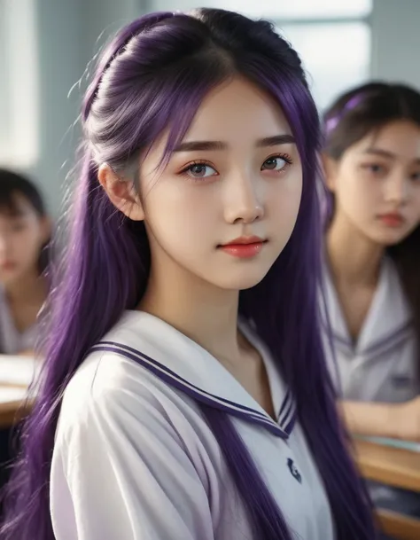 an eighteen-year-old young woman with long purple hair in a sailor suit sits in a classroom (school 1.5 in the background) (expr...