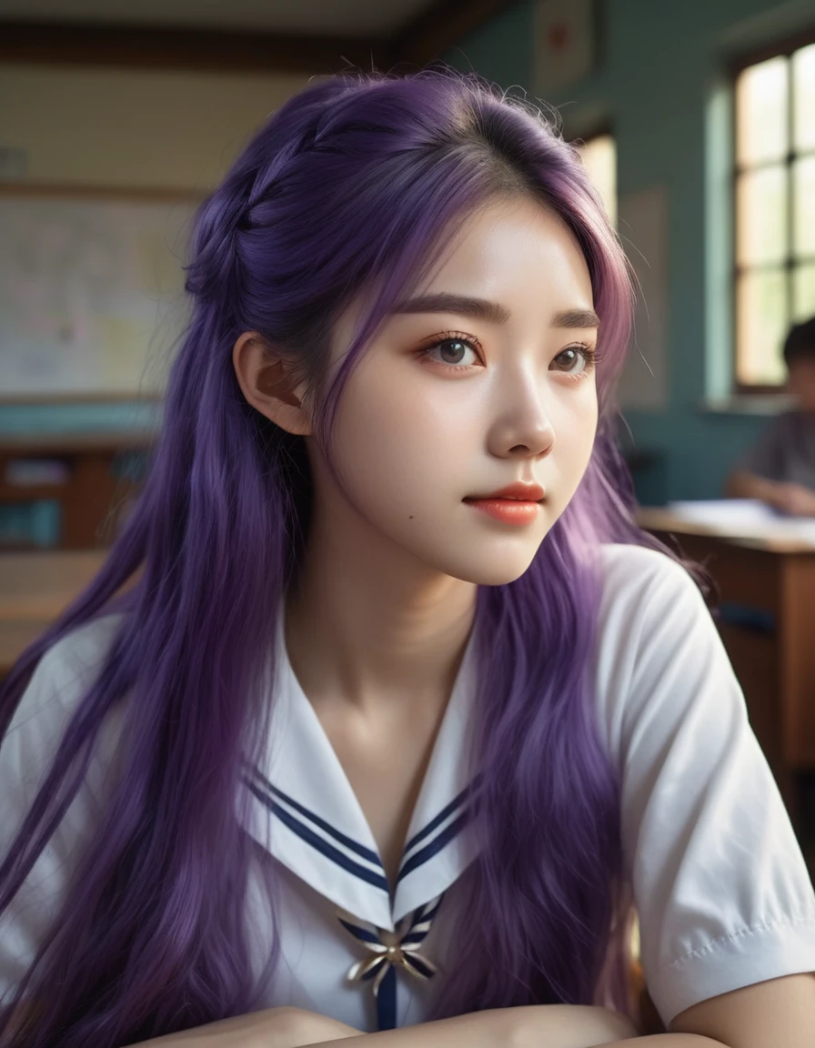 An eighteen-year-old young woman with long purple hair in a sailor suit sits in a classroom (school 1.5 in the background) (expression serious, cold 1.5) (best quality: 1.1) (masterpiece: 1.3) with an unparalleled masterpiece, surreal 8K, perfect artwork, super detail, best quality, masterpiece 4K wallpaper aesthetics, masterpiece, award-winning artwork, official art, cinematic lighting, , face lighting, bright backlight, high resolution, best quality, Photos, 4k, (Realistic:1.2),1girl, smile, beautiful girl, (best quality,4k,8k,highres,masterpiece:1.2), ultra-detailed, studio lighting, ultra-fine painting, sharp focus, physically-based rendering, extreme detail description, professional, vivid colors, fantasy, More Reasonable Details, ulzzang, ImgFixerPre0.3