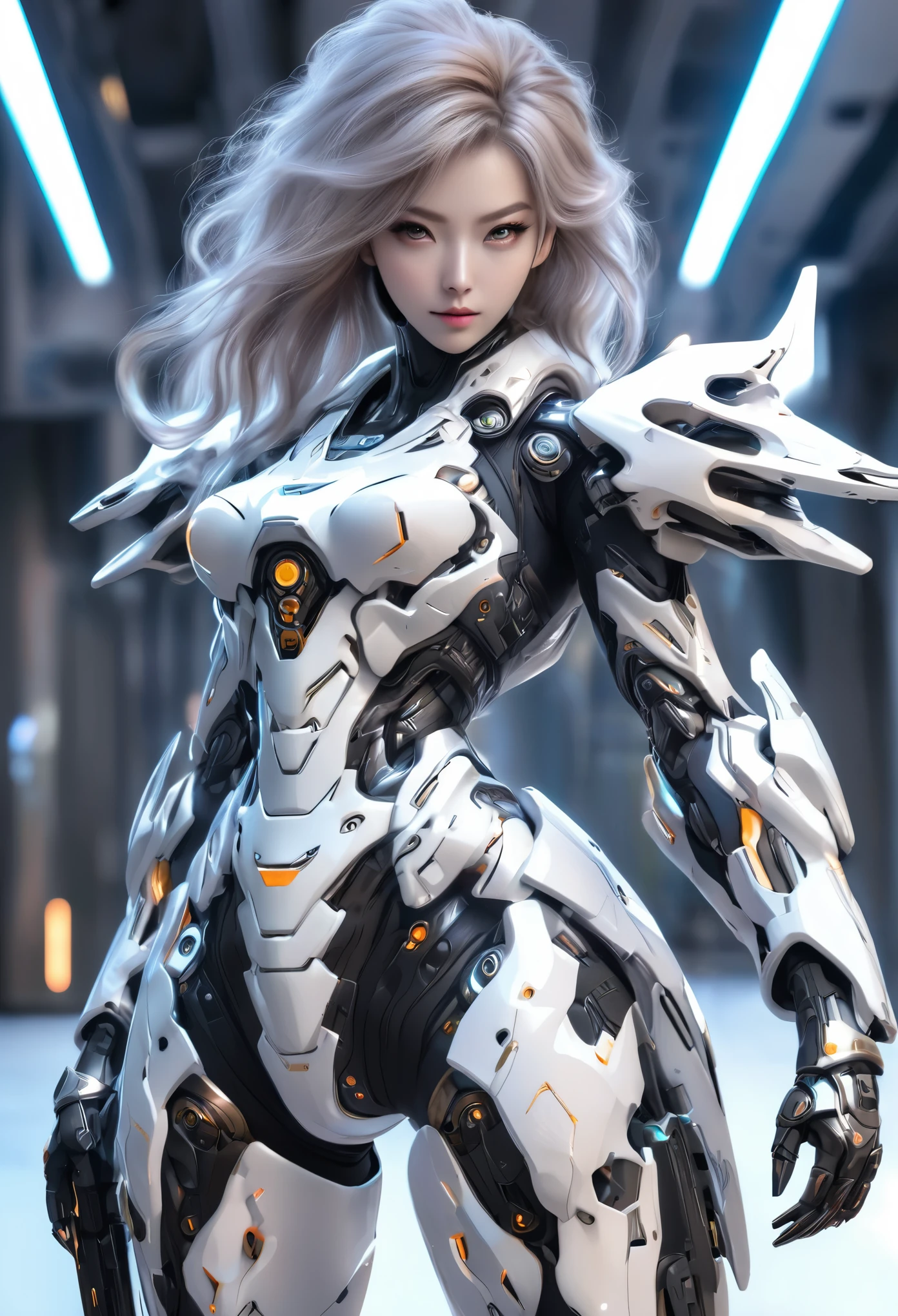 Wearing exoskeleton cyber armor, The armor fits snugly、She has a plasma gun in her hand., Full body portrait, Maximum details, Detailed drawings and excellent quality, 8k,chest, white eyes, white eyes, Let's take a look, Let's take a look, High resolution, 超High resolution, Best Quality, Shortcuts, white Hair, 大きなchest, Cinematic Lighting Effects, Futuristic, ((High tech spaceship interior with blue light illumination)),
