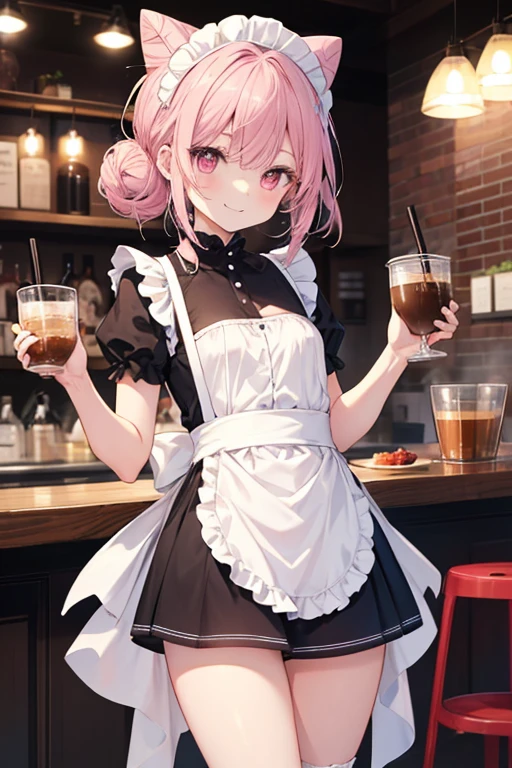 (Best Quality, 4K, masutepiece, nfsw, absurderes), masterpiece, best quality, highres, ddrrm, fisheye, symbol-shaped pupils, (heart-shaped pupils), short hair, red eyes, small breasts, maid headdress, frills, maid, pink coat, open clothes, sleeves past wrists, black dress, clothing cutout, maid apron, white apron, leg tattoo, sitting, solo, loli, (flat chest), (nipple), (cum),table, food on the table, cum on food, (she drinks cum in a mug, put your mouth on the mug), (she eat toats with cum over), (drinking), gokkun, cumgar, Smelly and yellowish cum in a cup, it stinks and the cup looks very bad, cum string, ((vulgarity:1.3)), happiness, rolling eyes,