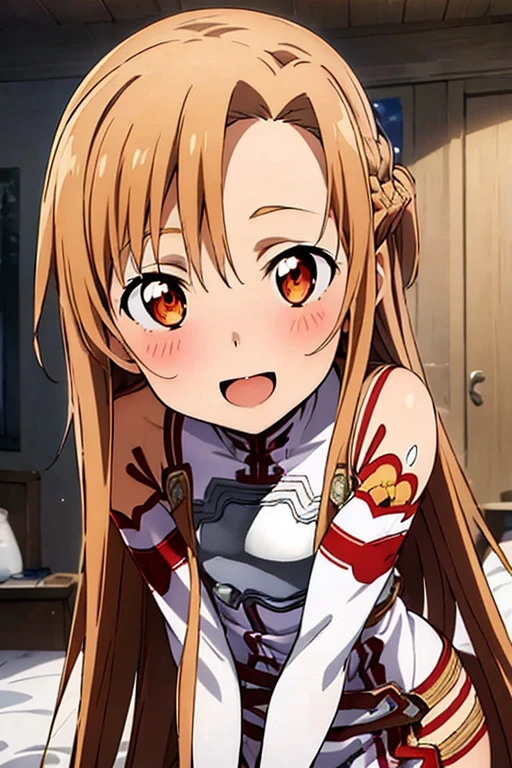 ((Best Quality)), ((masterpiece)), (be familiar with), Perfect Face, indoor, bedroom, Watching the audience,
One woman, Yuuki Asuna,
Open Mouth, Ecstatic expression, blush, smile,
Small breasts, Flat Chest, , , child, Girl,
Long Hair, Long Hair,
Leg spread,