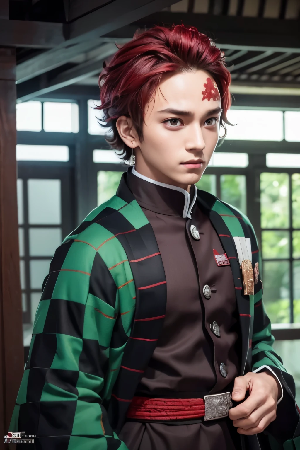 A highly detailed portrait of Kamado Tanjiro, a young man with a determined expression, red hair and red eyes, wearing a traditional Japanese demon slayer uniform with a sword at his side and green black checkered haori, intricate background with Japanese architecture and nature elements, dramatic lighting, cinematic composition, vibrant colors, masterpiece, 8k, hyper realistic, award winning digital art, red marking on left forehead