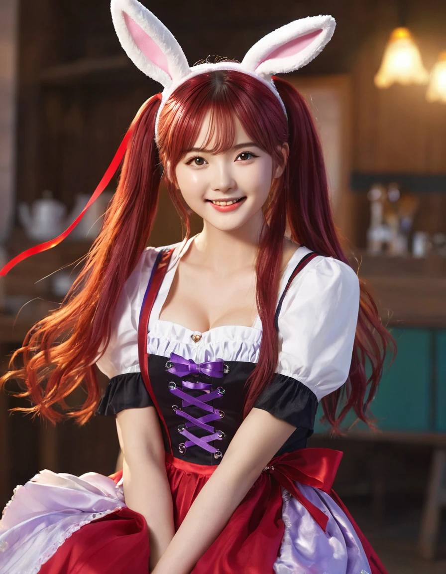 Outrageous, Best Quality, 1girl, solo, red hair, purple eyes, long hair, big, ahBunny, bunny ears, red corset, gakuran, aprons, red neck ribbons, red skirt, hair bow, short sleeves, wrist cuffs, white thighs, jingle bells, , face lighting, bright backlight, high resolution, best quality, Photos, 4k, (Realistic:1.2),1girl, smile, beautiful girl, (best quality,4k,8k,highres,masterpiece:1.2), ultra-detailed, studio lighting, ultra-fine painting, sharp focus, physically-based rendering, extreme detail description, professional, vivid colors, fantasy, More Reasonable Details, ulzzang, ImgFixerPre0.3