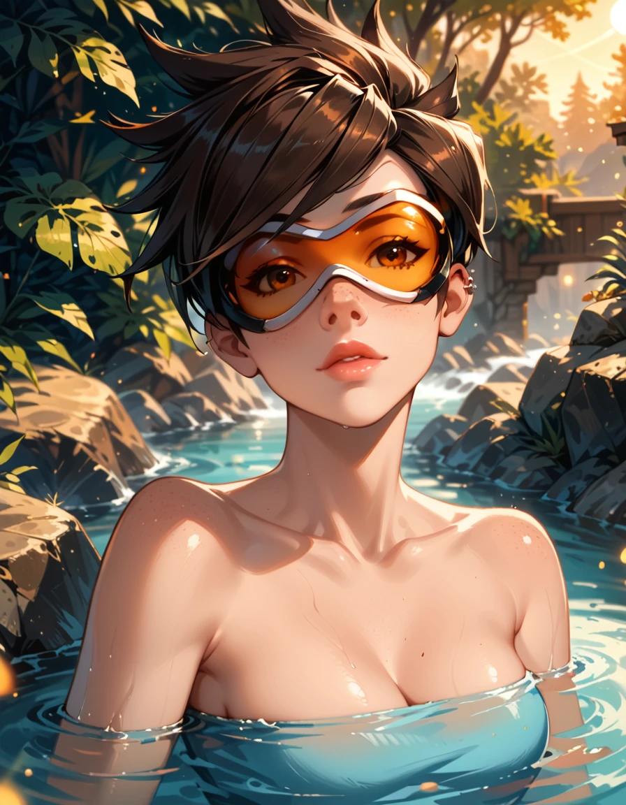 score_9, score_8_up, score_7_up, score_6_up, rating_safe, cinematic film still, solo, 1girl, (Tracer from Overwatch, wearing goggles, yellow lens:1.3), nude, (dimly lit Japanese hot spring:1.1), laying in water, submerged, enjoying the view, flirt, gaze, sexy look, half-closed eyes, head tilt, filled lips, thick lips, (cinematic lighting:1.2),, (sunset:1.2), shallow depth of field, vignette, highly detailed, high budget, bokeh, cinemascope, moody, epic, gorgeous, film grain, grainy, SFW, (ultra-detailed), (best illustration), (best shadow), (absurdres), (detailed background), (very aesthetic).