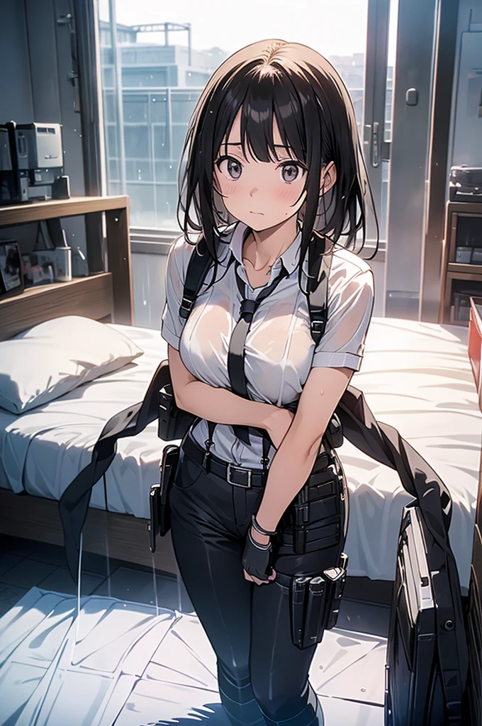 1 female, , high quality, masterpiece, Ultra-high resolution, , Cinema Lighting, , , And the suspenders with the cranes flying Large Breasts Small face holster Lying in bed Looking up Sweat belt summer 脇Sweat Black Hole Gloves suit shirt Black jacket Black trousers Leg Links ズボンにbelt holster Hands behind your back Anxious expression Looking up Anxious face, legs apart Armament Handgun handcuffs Cable ties レッグholster holster See-through clothing heavy rain Getting wet in the rain