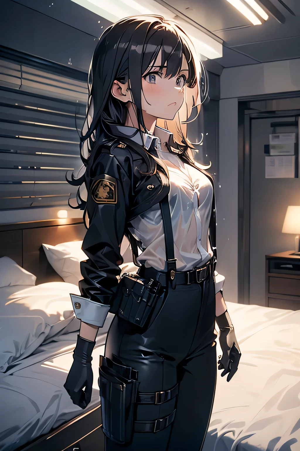 1 female, , high quality, masterpiece, Ultra-high resolution, , Cinema Lighting, , , And the suspenders with the cranes flying　　　Large Breasts　 　 　　　　Small face　 　　　holster　　　　　　　 Lying in bed　Looking up　　　　Sweat 　　　belt　summer　脇Sweat 　Black Hole Gloves　suit　shirt　　Black jacket　 Black trousers　Leg Links　ズボンにbelt　　holster　 　　Hands behind your back　 Anxious expression　Looking up　Anxious face, legs apart　Armament　Handgun　handcuffs　Cable ties　レッグholster　holster　See-through clothing　heavy rain　Getting wet in the rain
