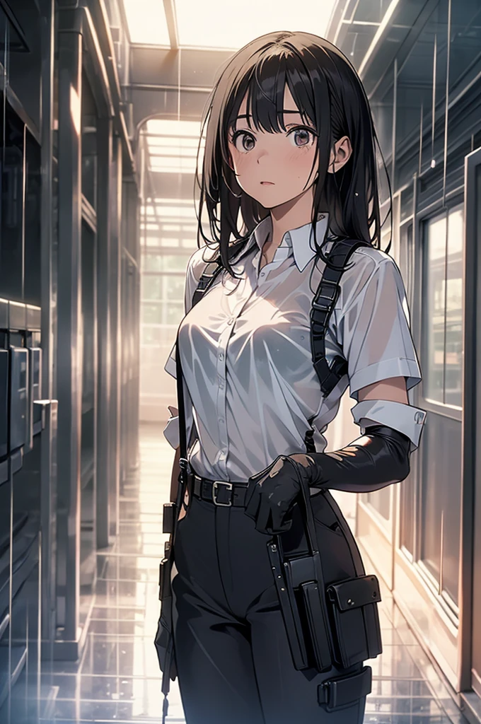 One adult woman with narrow eyes,career woman,Office Lady,business suit,Tight skirt,pumps,lawyer,cool,gauze, Forehead,Anatomically correct, accurate, masterpiece, Highest quality, Winner of numerous awards, Textured skin, retina, retina, Black Hair, Half-up hairstyle, solemn, Column Lineup,Cinematic light effects, Anime Style, Japanese illustration style, Half-up hairstyle, Very adult