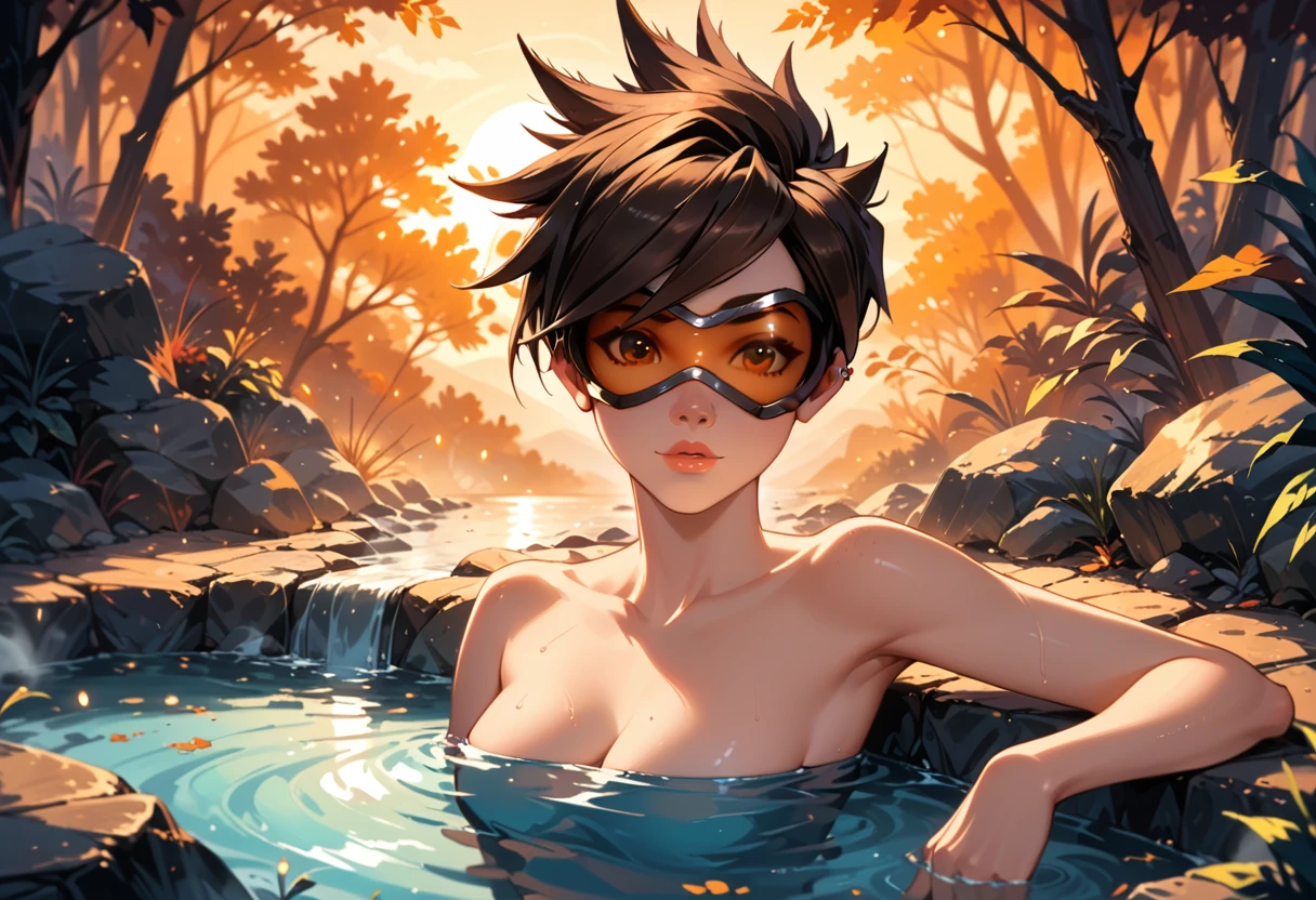 score_9, score_8_up, score_7_up, score_6_up, rating_safe, cinematic film still, solo, 1girl, (Tracer from Overwatch, wearing goggles, yellow lens:1.3), nude, (dimly lit Japanese hot spring:1.1), laying in water, submerged, enjoying the view, flirt, gaze, sexy look, half-closed eyes, head tilt, filled lips, thick lips, (cinematic lighting:1.2),, (sunset:1.2), shallow depth of field, vignette, highly detailed, high budget, bokeh, cinemascope, moody, epic, gorgeous, film grain, grainy, SFW, (ultra-detailed), (best illustration), (best shadow), (absurdres), (detailed background), (very aesthetic).