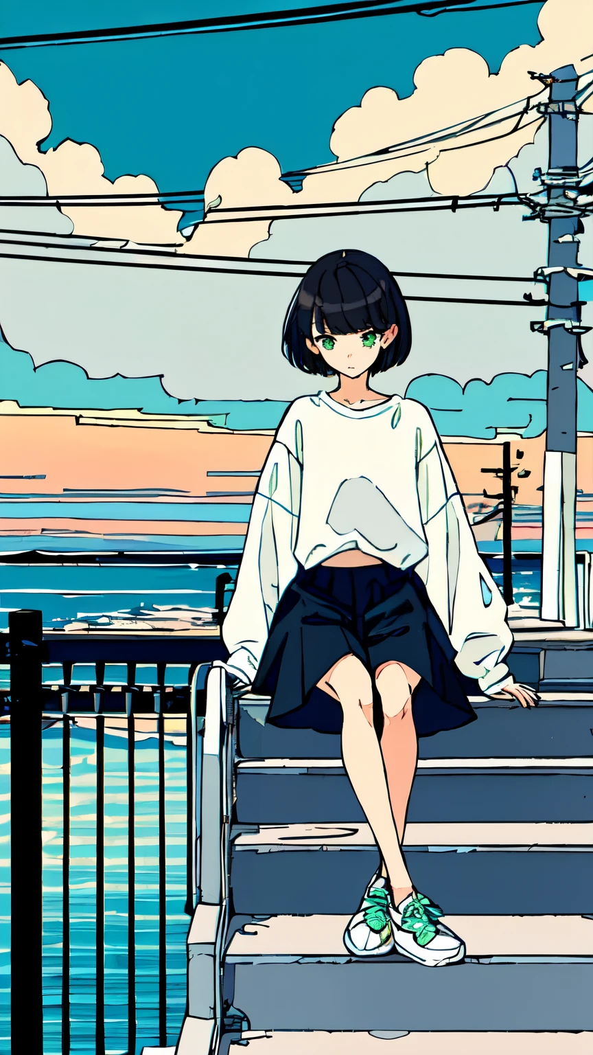 MasterpieceIntricate details, Best Quality, 1 girl, Alone, handrail, cloud, Sitting, Outdoor, Short Hair, shoes, null, Long sleeve, sneakers, Power lines, 白いshoes, Black Hair, Looking at the audience, Electric pole, bangs, cloudy null, , bird, Green Eyes, Shorts, day, white Shirt, Standing