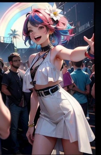 ((Best Quality, masterpiece, Super Resolution)) Several people are jostling to take a selfie, Laughing, Music Festival, Coachella, Sexy and cute outfit, Colorful Hair, Rainbow Hair, Polaroid photo, Official Art, Romo