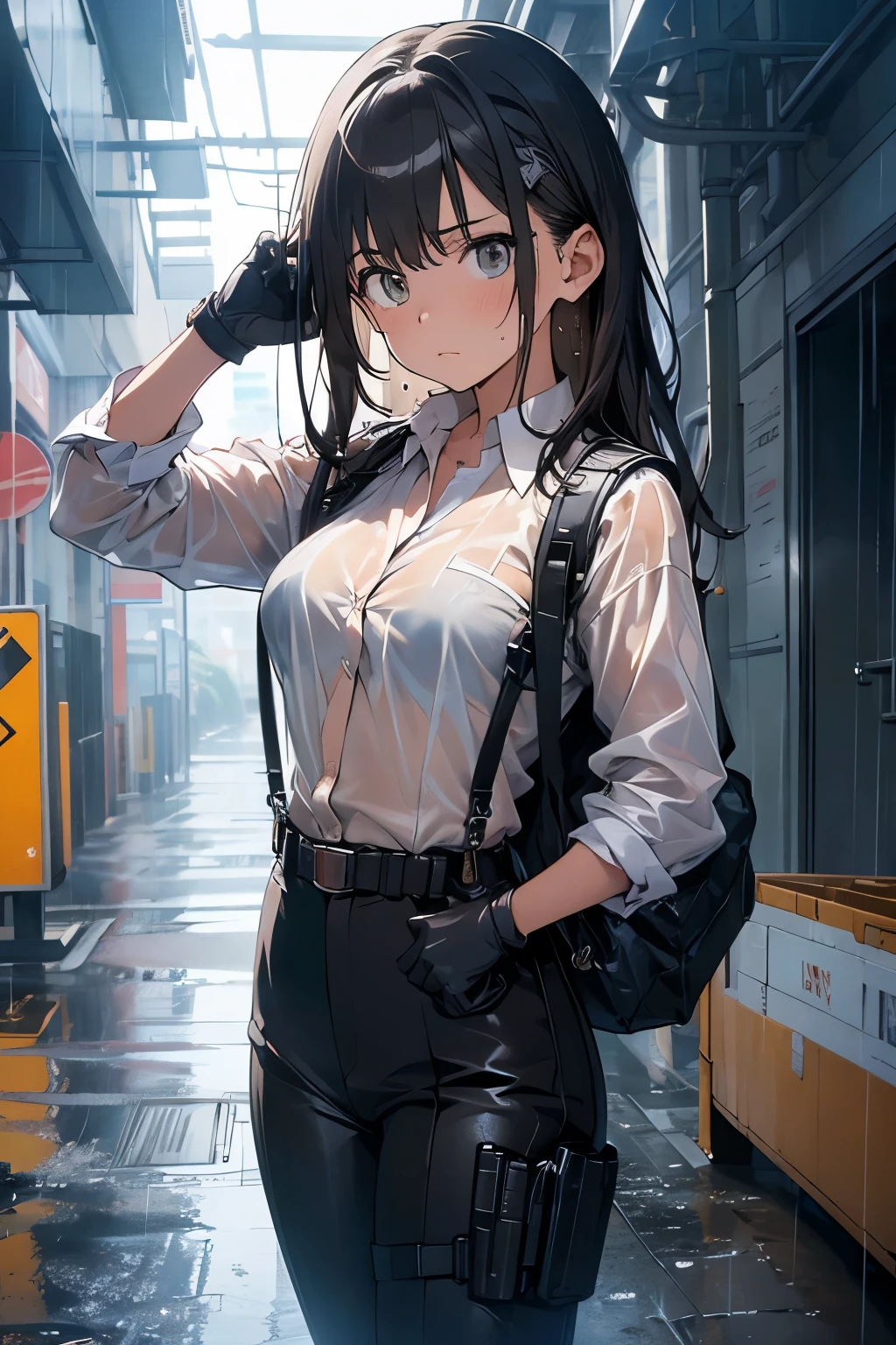 1 female, , high quality, masterpiece, Ultra-high resolution, , Cinema Lighting, , , And the suspenders with the cranes flying　　　Large Breasts　 　 　　　　Small face　 　　　holster　　　　　　　 Lying in bed　Looking up　　　　Sweat 　　　belt　summer　脇Sweat 　Black Hole Gloves　suit　shirt　　Black jacket　 Black trousers　Leg Links　ズボンにbelt　　holster　 　　Hands behind your back　 Anxious expression　Looking up　Anxious face, legs apart　Armament　Handgun　handcuffs　Cable ties　レッグholster　holster　See-through clothing　heavy rain　Getting wet in the rain
