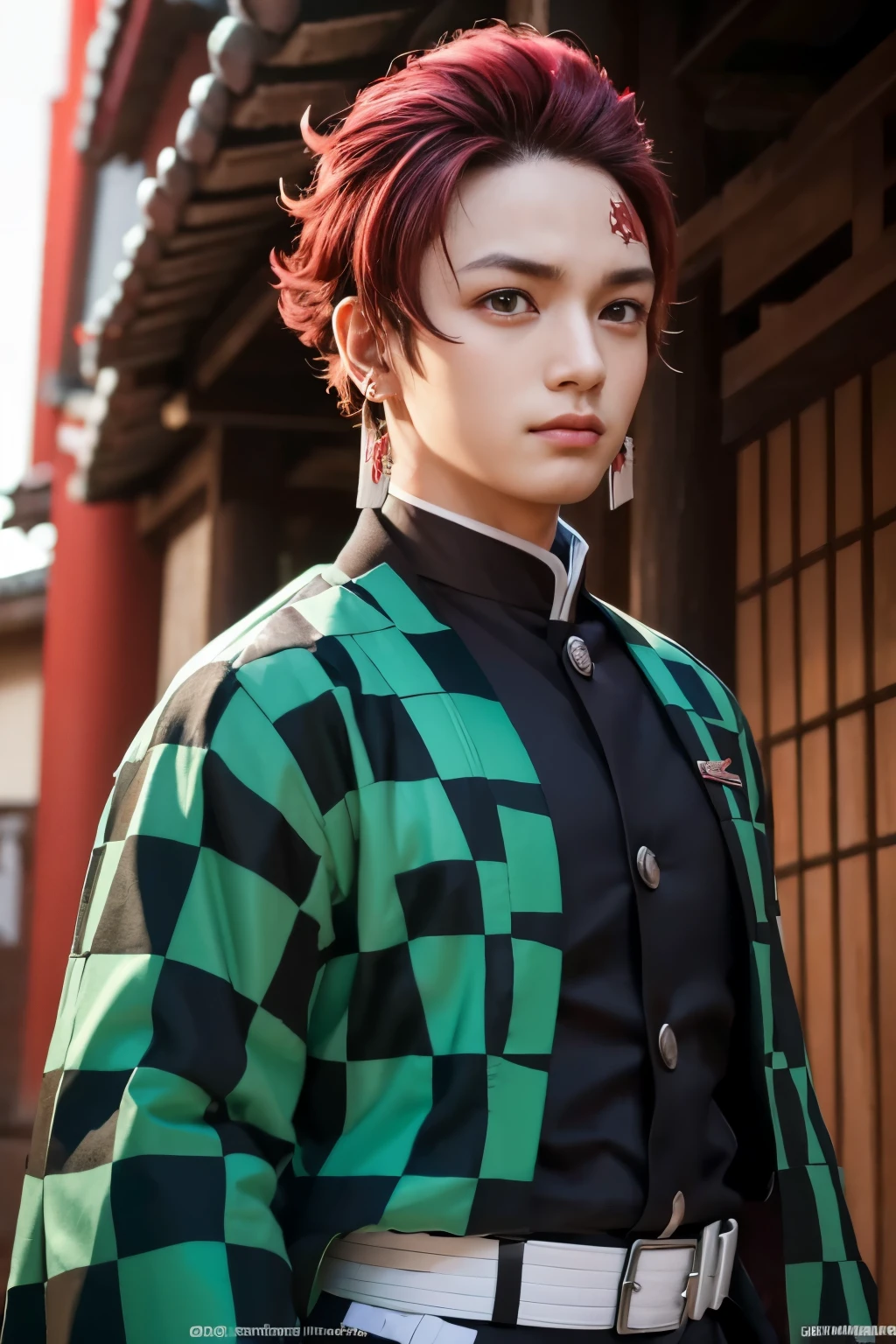 A highly detailed portrait of Kamado Tanjiro, a young man with a determined expression, red hair and red eyes, wearing a traditional Japanese demon slayer uniform with a sword at his side and green black checkered haori, intricate background with Japanese architecture and nature elements, dramatic lighting, cinematic composition, vibrant colors, masterpiece, 8k, hyper realistic, award winning digital art, red marking on left forehead