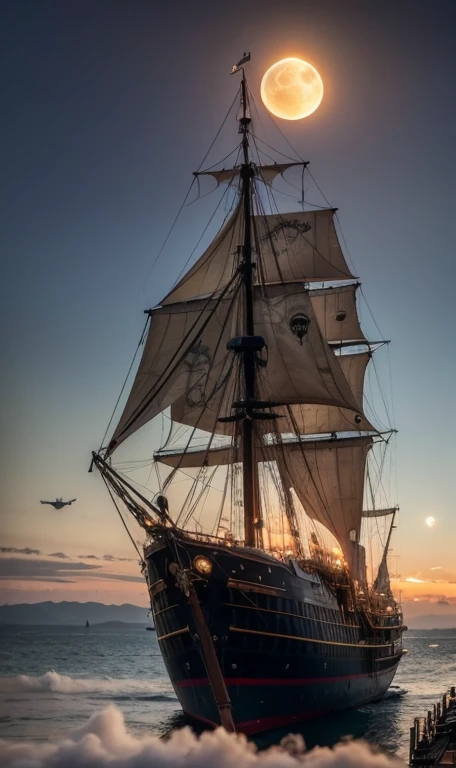 ((Pirate Ship,,Steampunk, Pirate Airship)), windmill, Lighthouse, Aircraft turbine mounted on the bottom of the island, （Heavenly light shines from above the clouds）, Neon Light, Fantastic Moon, Futuristic,