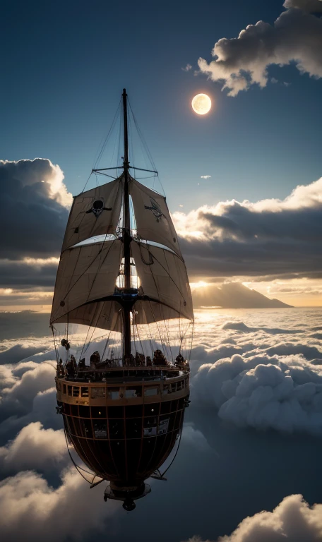 ((Pirate Ship,,Steampunk, Pirate Airship)), windmill, Lighthouse, Aircraft turbine mounted on the bottom of the island, （Heavenly light shines from above the clouds）, Neon Light, Fantastic Moon, Futuristic,