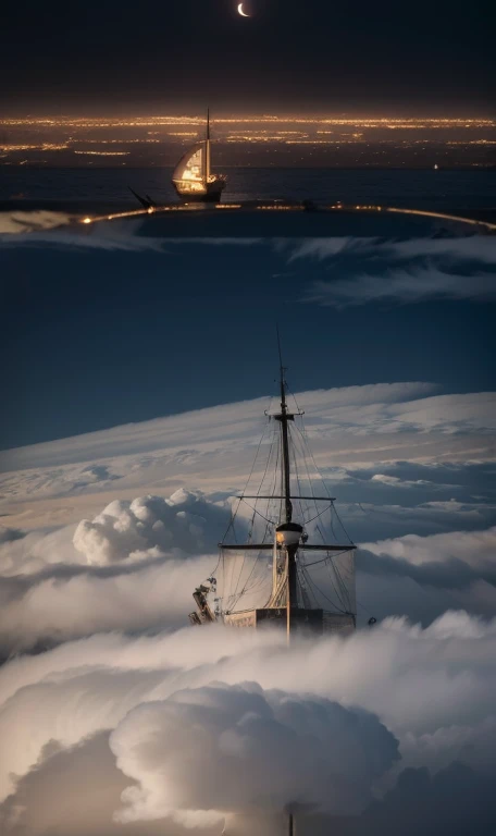 ((Pirate Ship,,Steampunk, Pirate Airship)), windmill, Lighthouse, Aircraft turbine mounted on the bottom of the island, （Heavenly light shines from above the clouds）, Neon Light, Fantastic Moon, Futuristic,